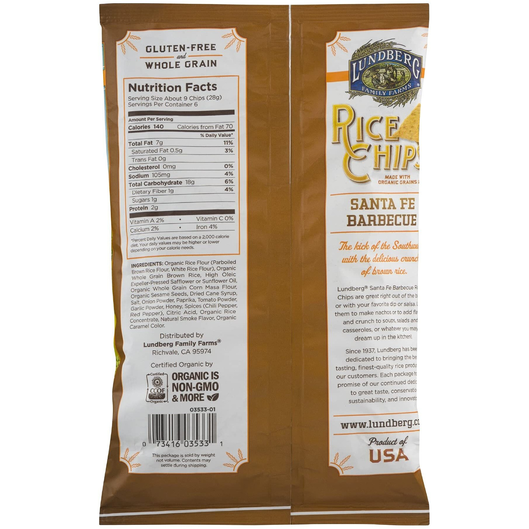 Lundberg Rice Chips Santa Fe Barbecue, 6 Oz, Packaging May Vary