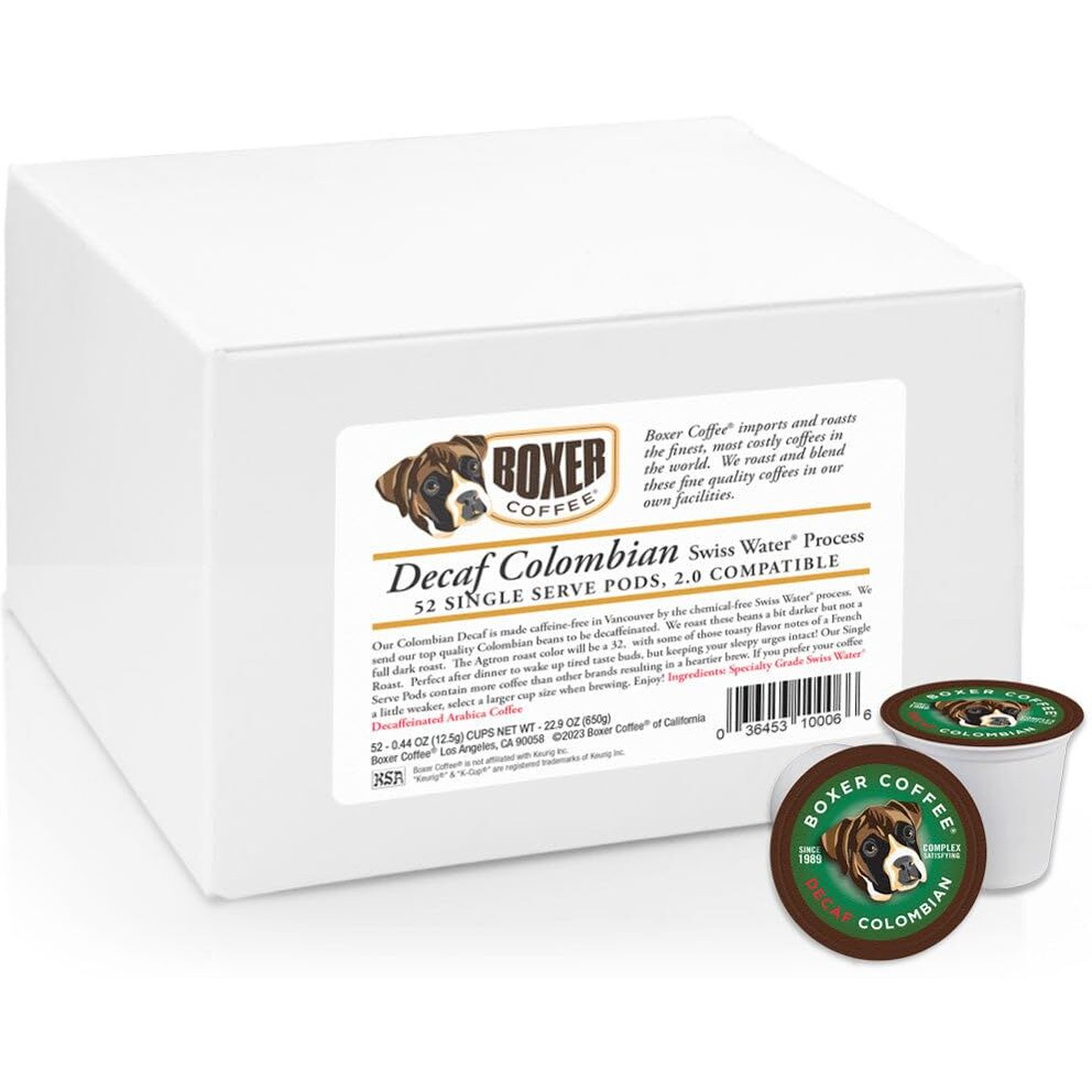 Boxer Coffee 52 Count Decaf Colombian Swiss Water Process Single-Serve Cups Pods Specialty Grade Gourmet Artisan Coffee, Keurig K-Cup 2.0 Compatible