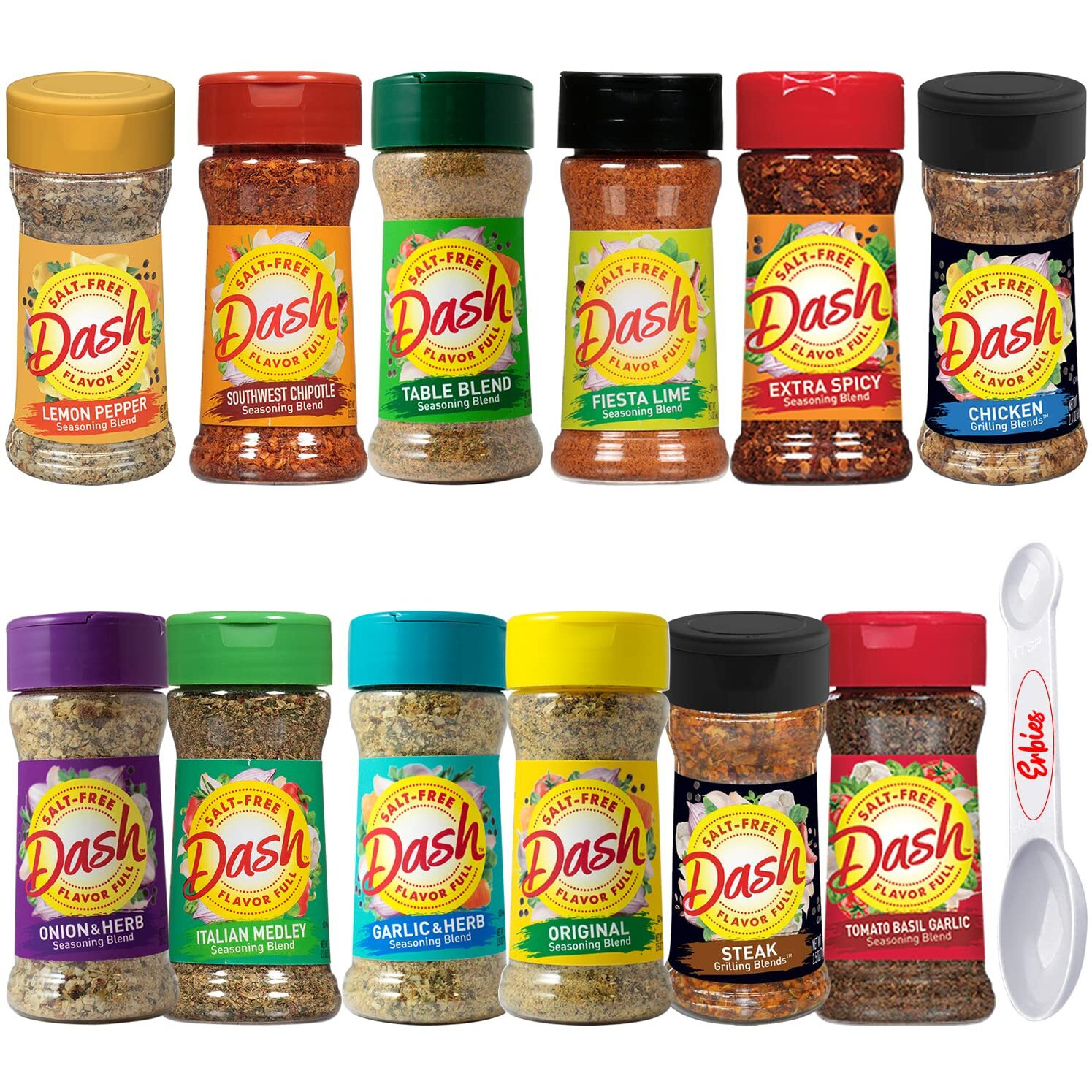 Mrs Dash Seasoning Salt Free Variety Pack | 12 Bottles Complete Seasoning Set | A Healthier Option Salt Free Seasonings And Spices | Mrs. Dash No Salt Seasoning With Measuring Spoon By Erbies