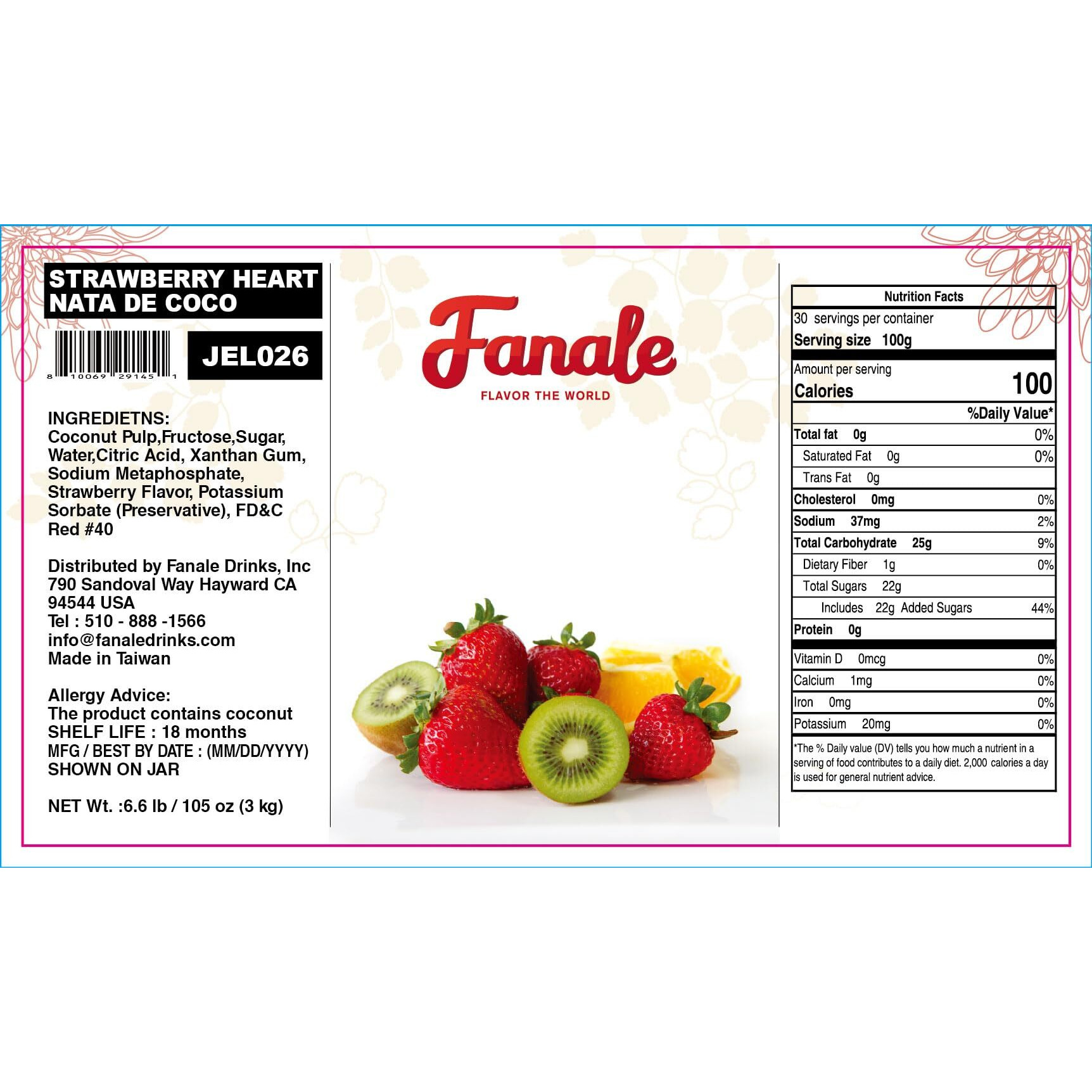 Fanale Coconut Jelly Topping Nata De Coco For Boba Tea | Ice Cream | Yogurt | Smoothie | Milk Tea | Desserts Strawberry Heart Shaped, 6.6 Pound (Pack Of 4) | Jel026-Cs