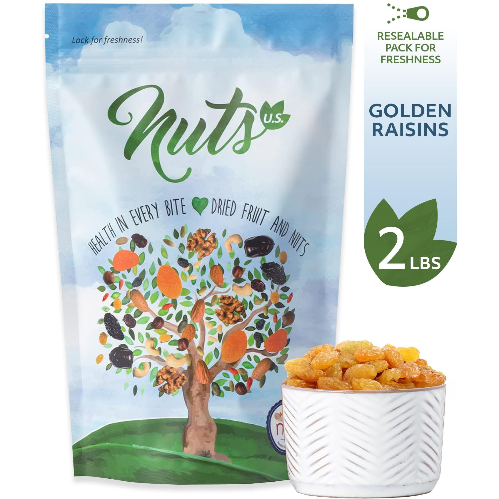 Nuts U.S. - Golden Raisin | All Natural | Non-Gmo And No Added Sugar | Jumbo Size | Packed In A Resealable Bag (2 Lbs)