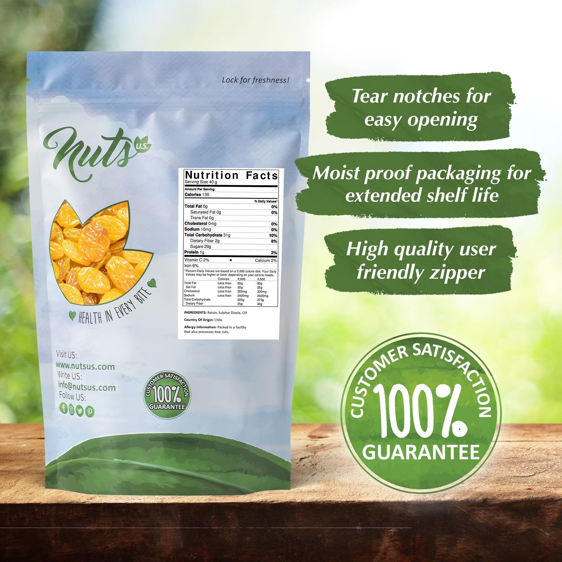Nuts U.S. - Golden Raisin | All Natural | Non-Gmo And No Added Sugar | Jumbo Size | Packed In A Resealable Bag (2 Lbs)