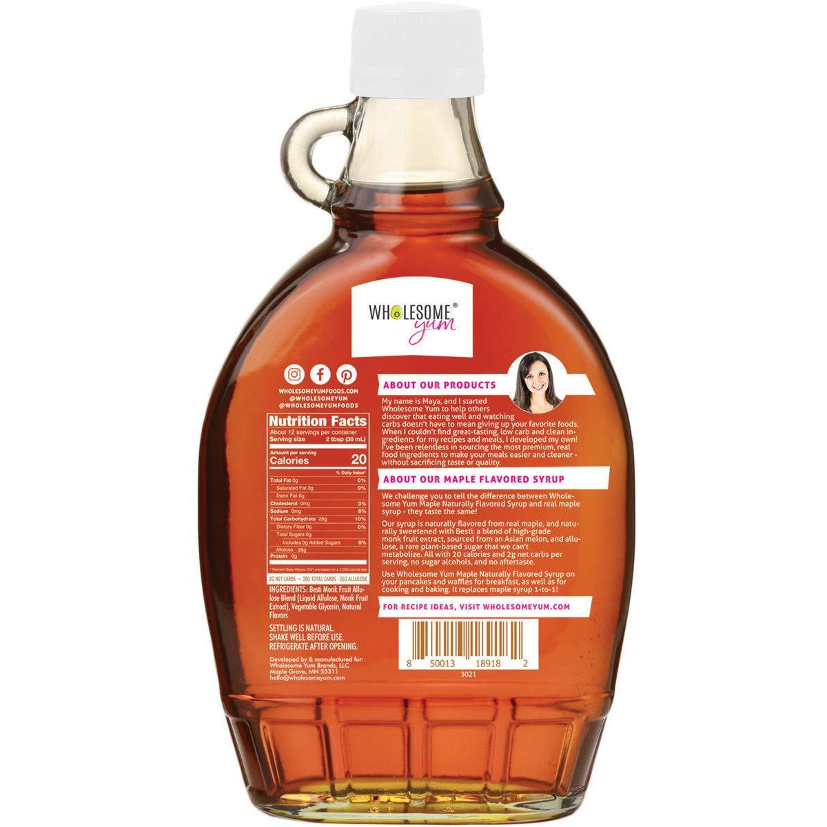 Wholesome Yum Zero Sugar Maple Syrup (Keto Maple Syrup) With Monk Fruit & Allulose - Natural Sugar Free Pancake Syrup - Non Gmo, Low Carb, Gluten Free, Vegan, No Aftertaste (12 Fl Oz)