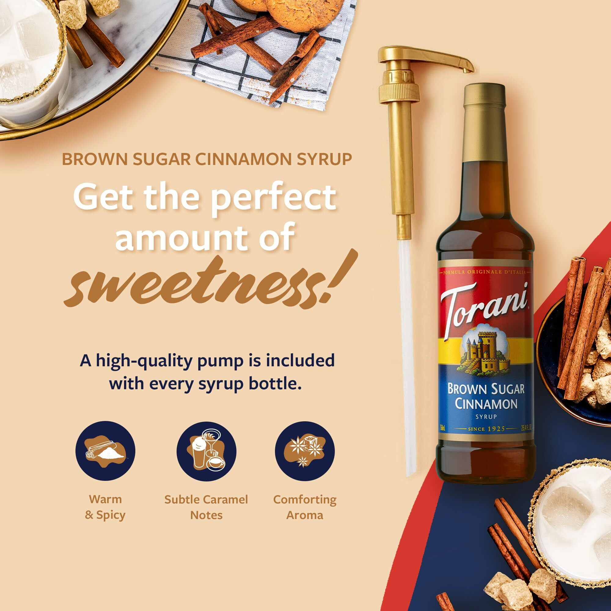 Torani Coffee Syrup, Brown Sugar Cinnamon Flavored Syrup For Drinks, Pump Included, 25.4 Fl Oz