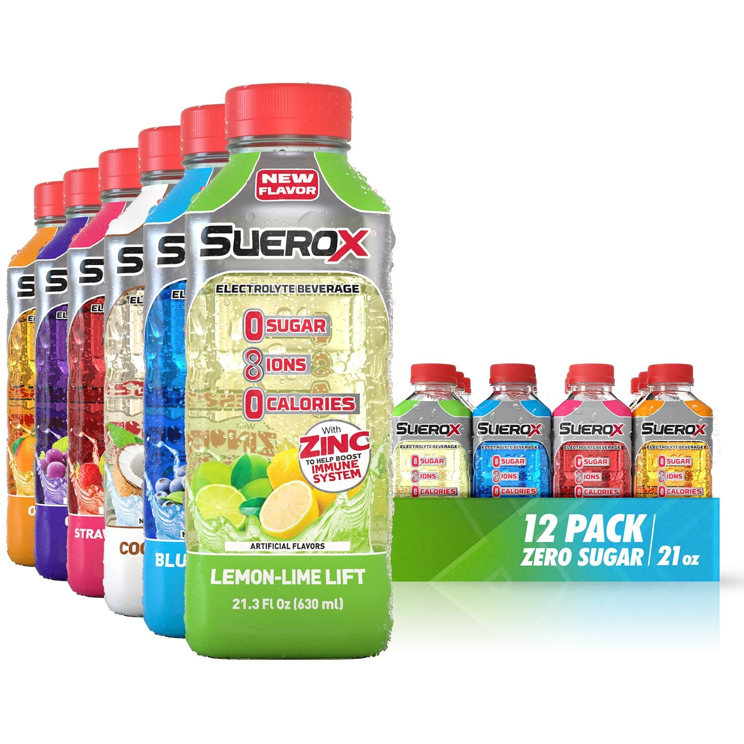 Suerox Zero Sugar Electrolyte Drink For Hydration And Recovery, Unique Blend Of Electrolytes & 8 Ions, Zero Calorie Sports Drink, 21.3 Fl Oz, Party Pack, 12 Count