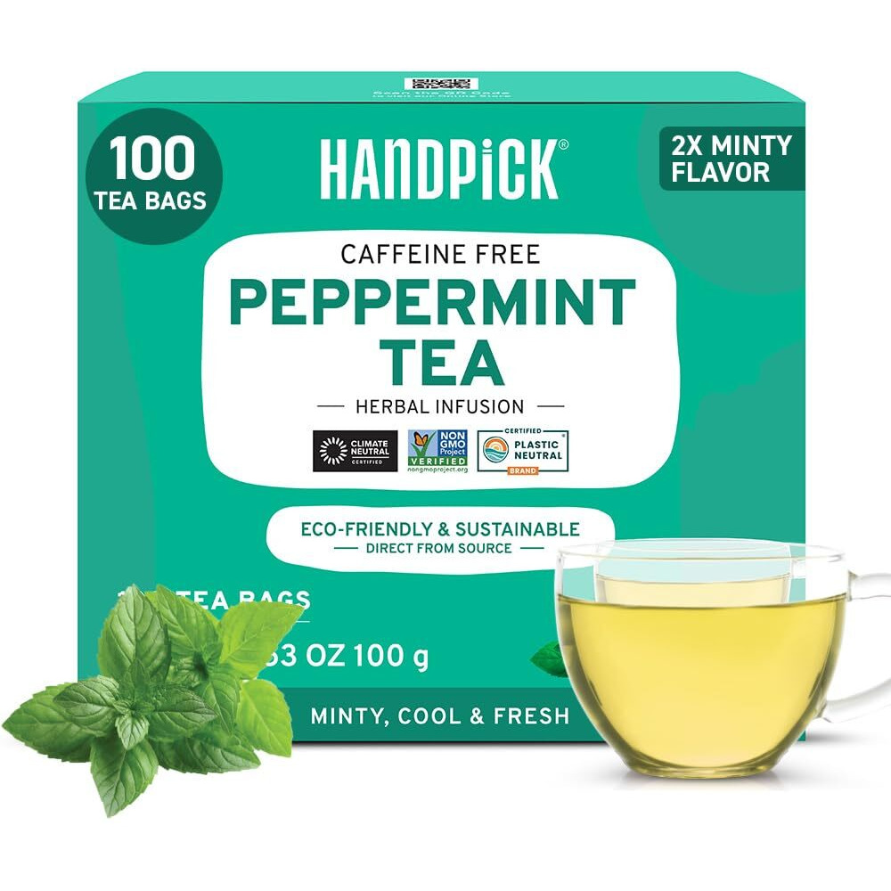 Handpick, Peppermint Tea, Eco-Conscious Tea Bags - 100 Count | Caffeine Free, Non-Gmo | Minty, Fresh & Cool Flavor | Direct From Source