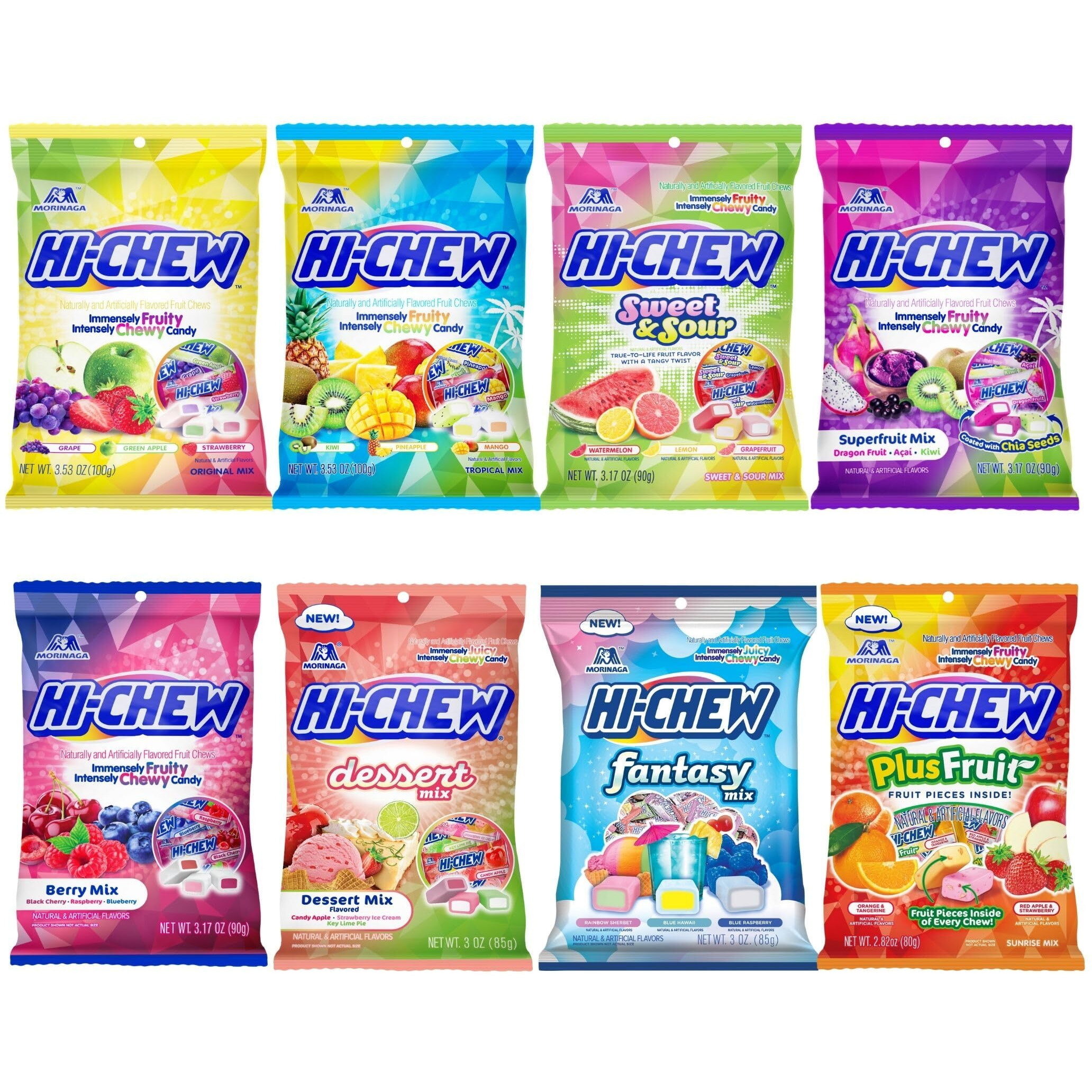 Hi-Chew Variety Mix, Pack Of 8 Bags - 22 Flavors Including Dessert Mix - Unique Fun Soft & Chewy Taffy Candy - Immensely Juicy Fruit Flavors - Individually Wrapped For Sharing