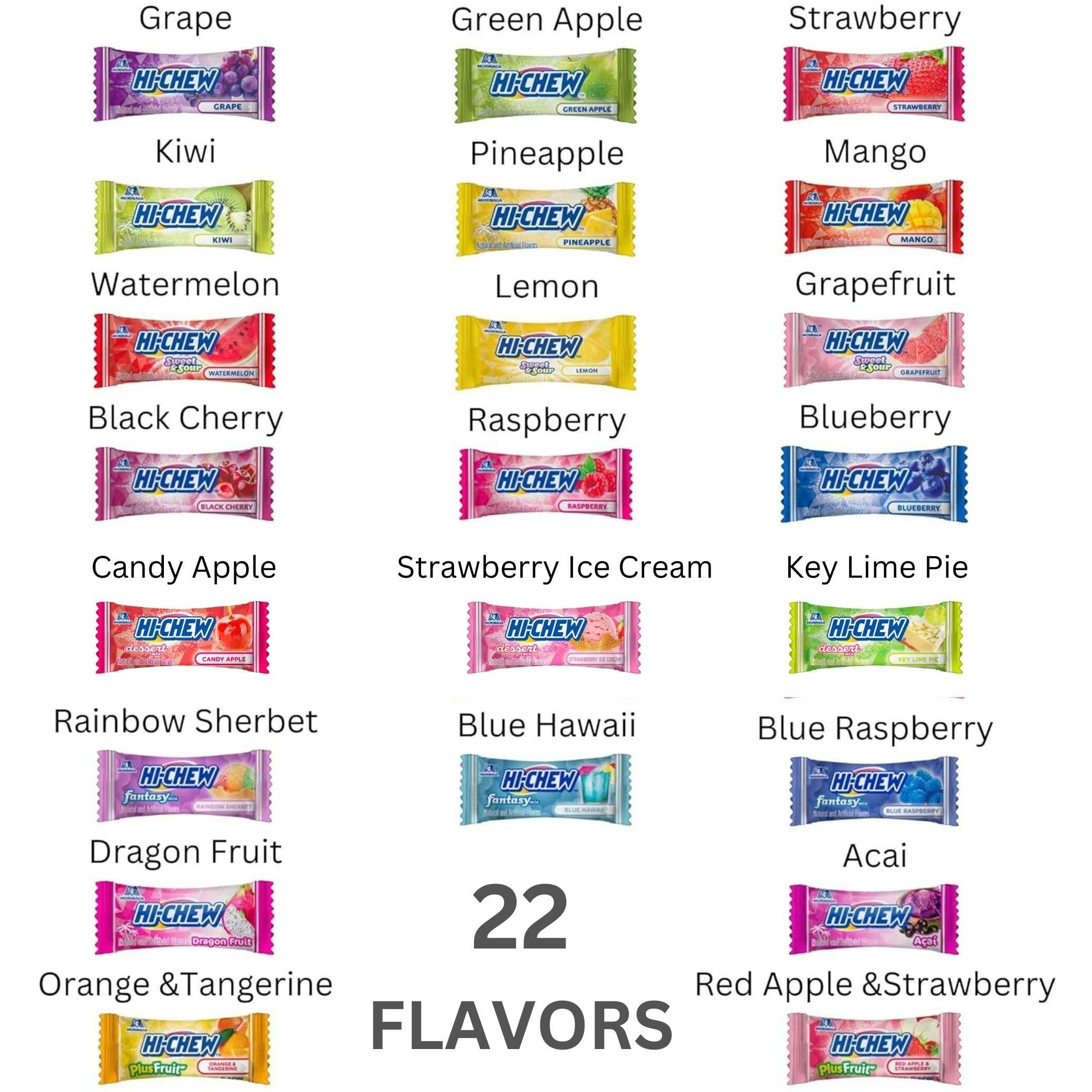 Hi-Chew Variety Mix, Pack Of 8 Bags - 22 Flavors Including Dessert Mix - Unique Fun Soft & Chewy Taffy Candy - Immensely Juicy Fruit Flavors - Individually Wrapped For Sharing