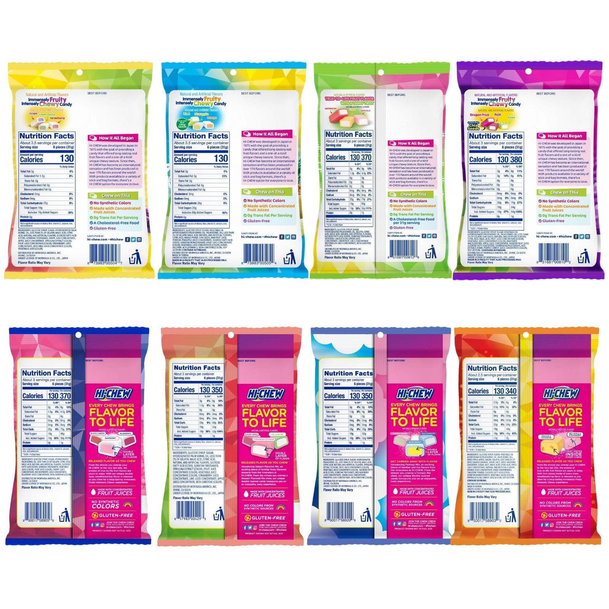 Hi-Chew Variety Mix, Pack Of 8 Bags - 22 Flavors Including Dessert Mix - Unique Fun Soft & Chewy Taffy Candy - Immensely Juicy Fruit Flavors - Individually Wrapped For Sharing