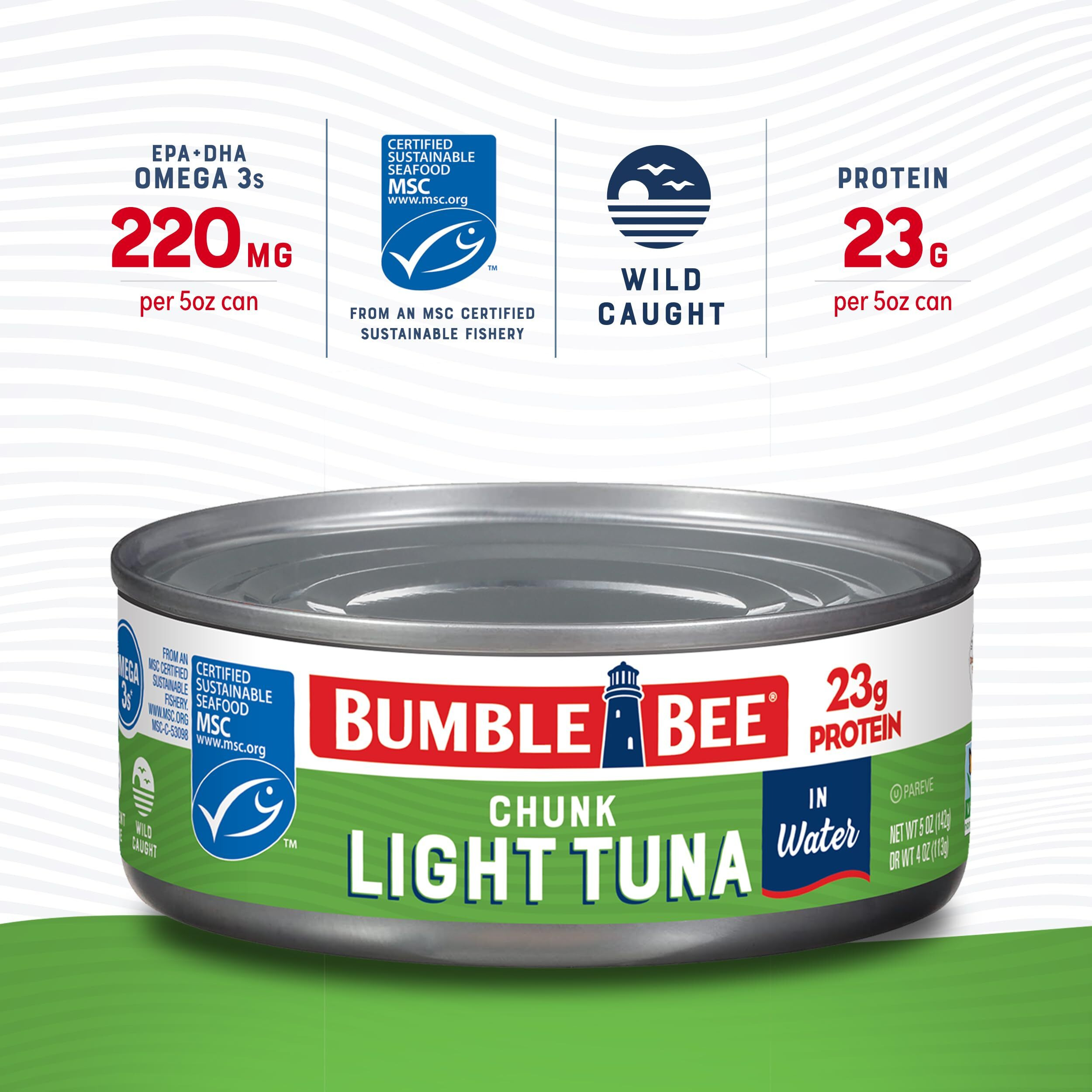Bumble Bee Chunk Light Tuna In Water, 5 Oz Cans (Pack Of 48) - Wild Caught Skipjack Tuna - 23G Protein Per Serving - Msc Certified Sustainable Seafood, Non-Gmo, Gluten Free, Kosher