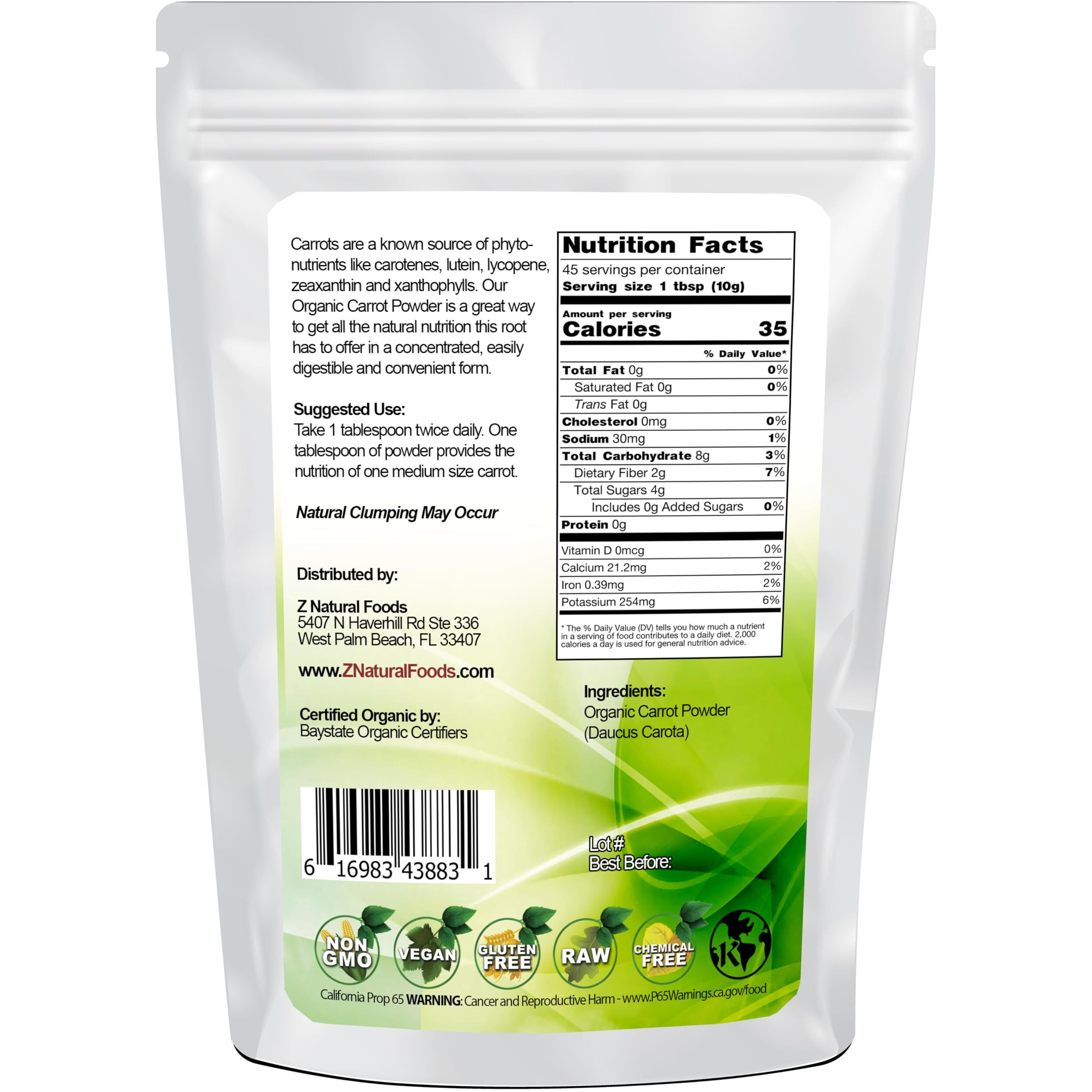 Z Natural Foods Organic Carrot Powder, Natural Superfood Powder For Vision And Heart Health, Great In Juices, Smoothies, And Recipes, Non-Gmo, Vegan, Gluten-Free, Kosher, 1 Lb.