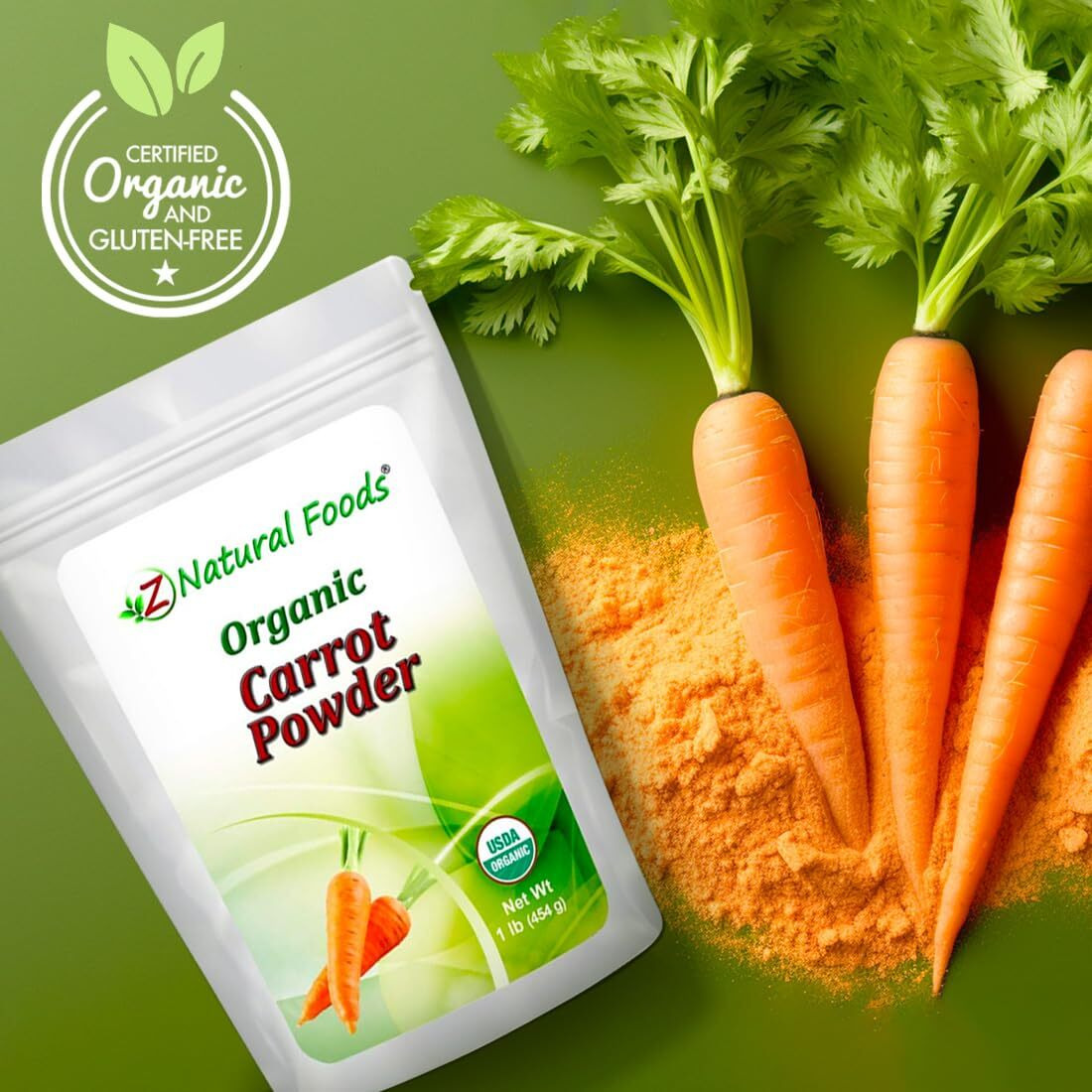 Z Natural Foods Organic Carrot Powder, Natural Superfood Powder For Vision And Heart Health, Great In Juices, Smoothies, And Recipes, Non-Gmo, Vegan, Gluten-Free, Kosher, 1 Lb.