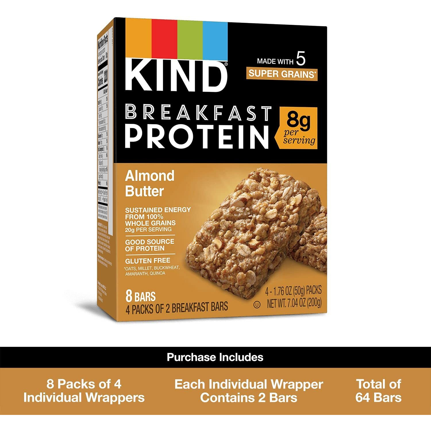 Kind Breakfast Protein Bars, Almond Butter, Healthy Snacks, Gluten Free, 8G Protein, 32 Count