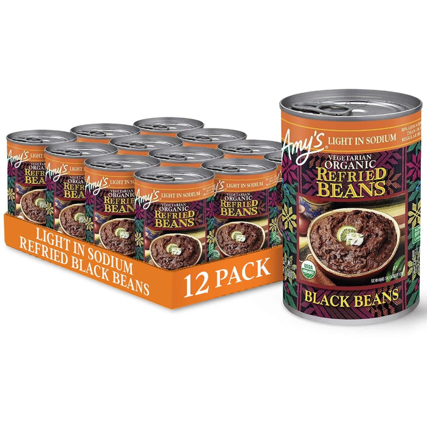 Amy's Organic Refried Beans Canned, Light In Sodium Refried Black Beans, Vegan Gluten Free And Vegetarian, 15.4 Oz (12 Pack)