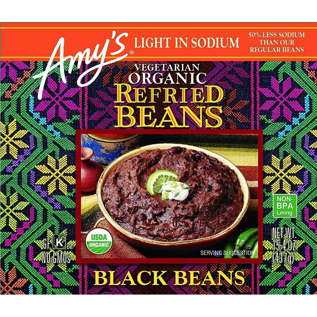 Amy's Organic Refried Beans Canned, Light In Sodium Refried Black Beans, Vegan Gluten Free And Vegetarian, 15.4 Oz (12 Pack)