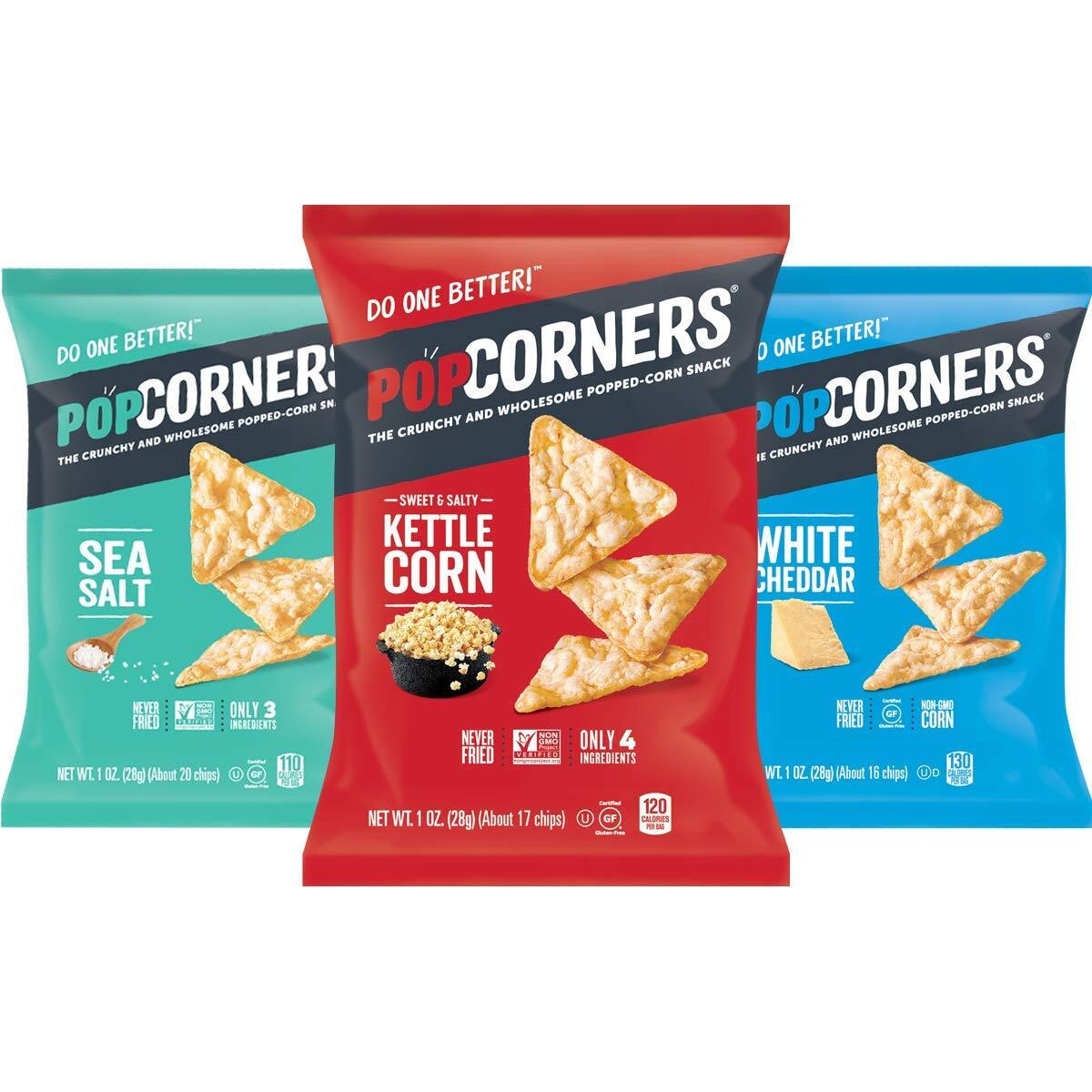 Popcorners Snacks Variety Pack | Gluten Free Chips Snack Packs | Kettle Corn, White Cheddar, Sea Salt | 1 Ounce (Pack Of 18)