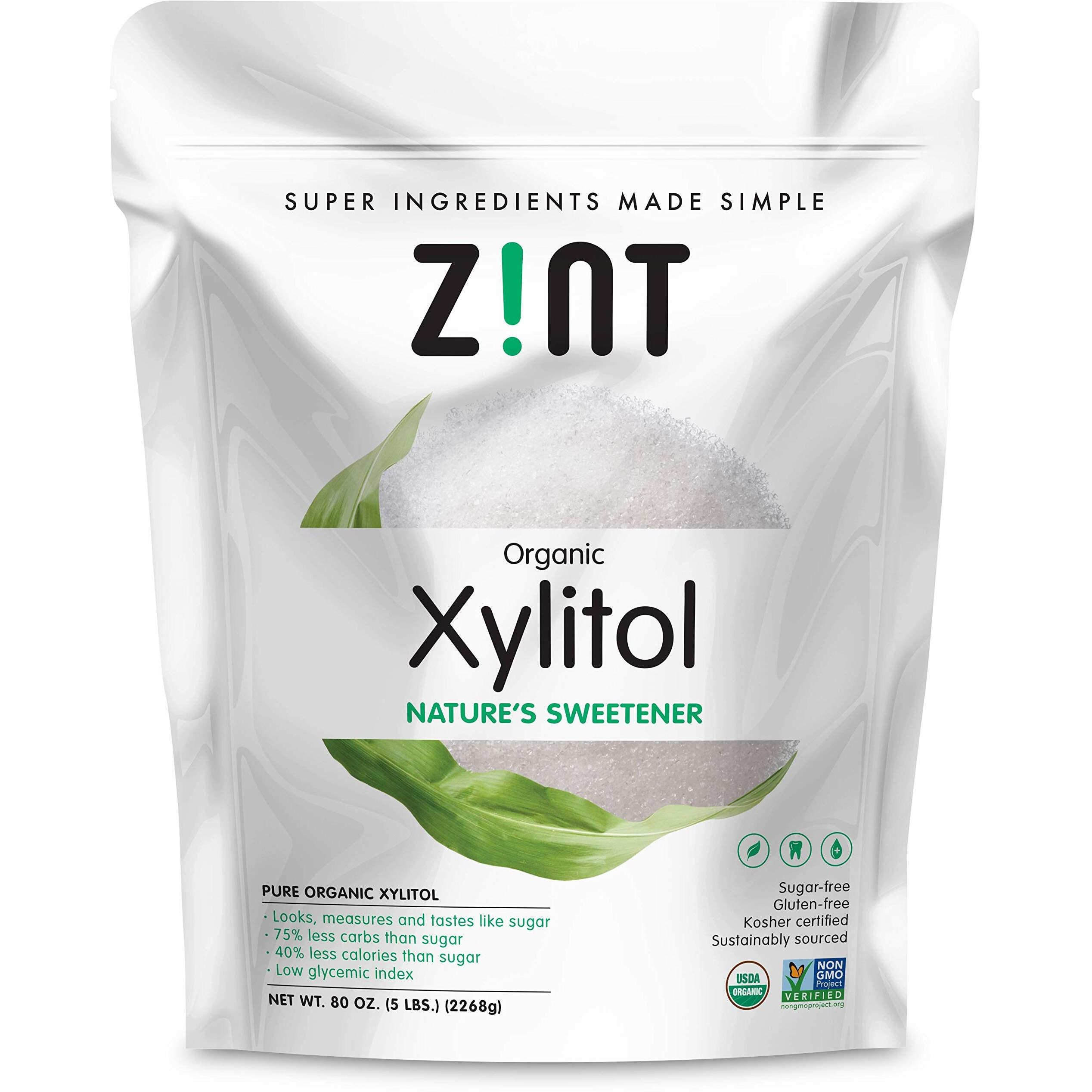 Zint Organic Xylitol Sweetener (5 Lbs) Usda Certified Natural Sugar Free Substitute, Non Gmo, Low Glycemic Index, Measures & Tastes Like Sugar, 80 Ounce