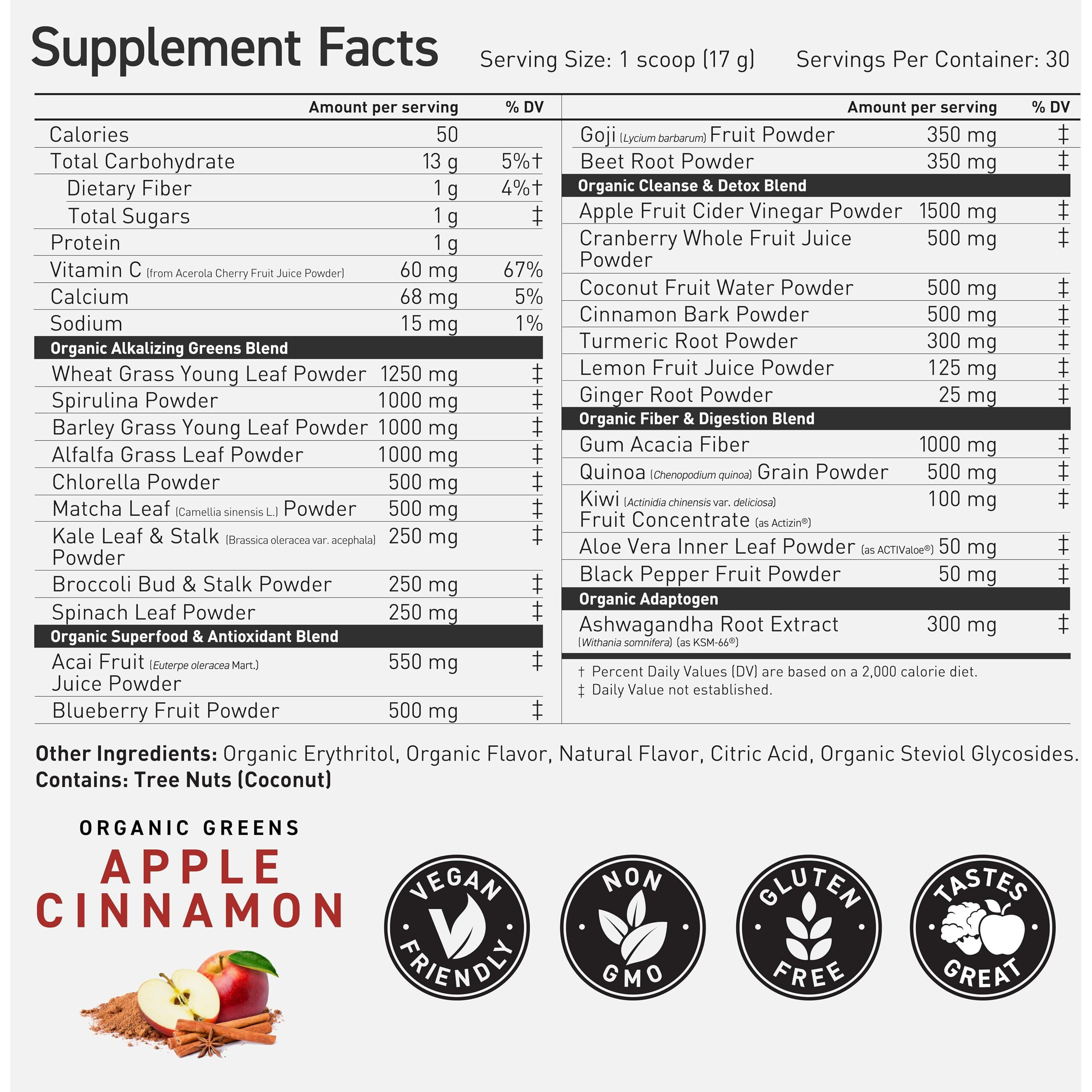 Kaged Organic Greens Superfood Powder | Outlive100 Apple Cinnamon | Supergreens | Apple Cider Vinegar | Ashwagandha | 30 Servings