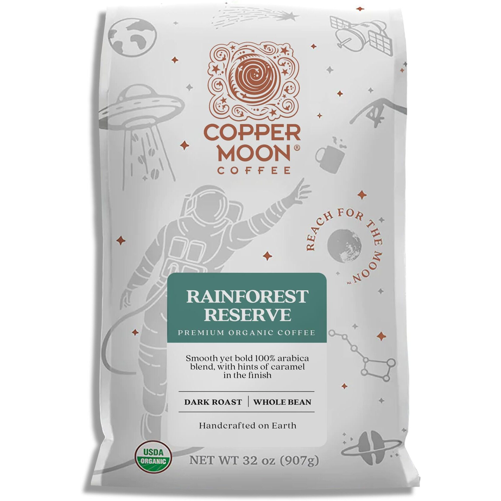 Copper Moon Dark Roast Whole Bean Coffee, Rainforest Reserve Organic Blend, 2 Lb