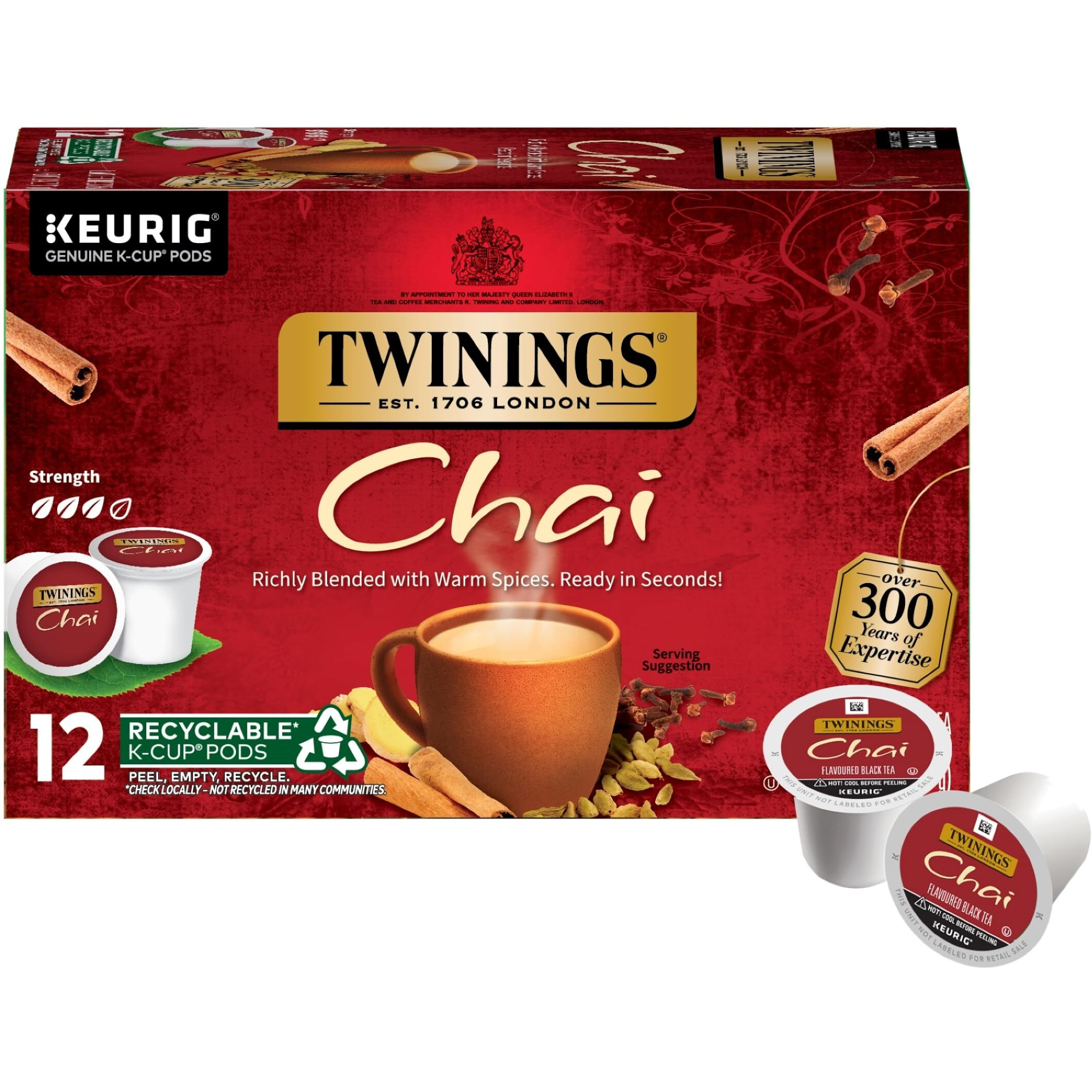 Twinings Chai Black Tea K-Cup Pods For Keurig, 12 Count (Pack Of 6), Naturally Sweet, Savoury Spice Flavour, Caffeinated, Enjoy Hot Or Iced