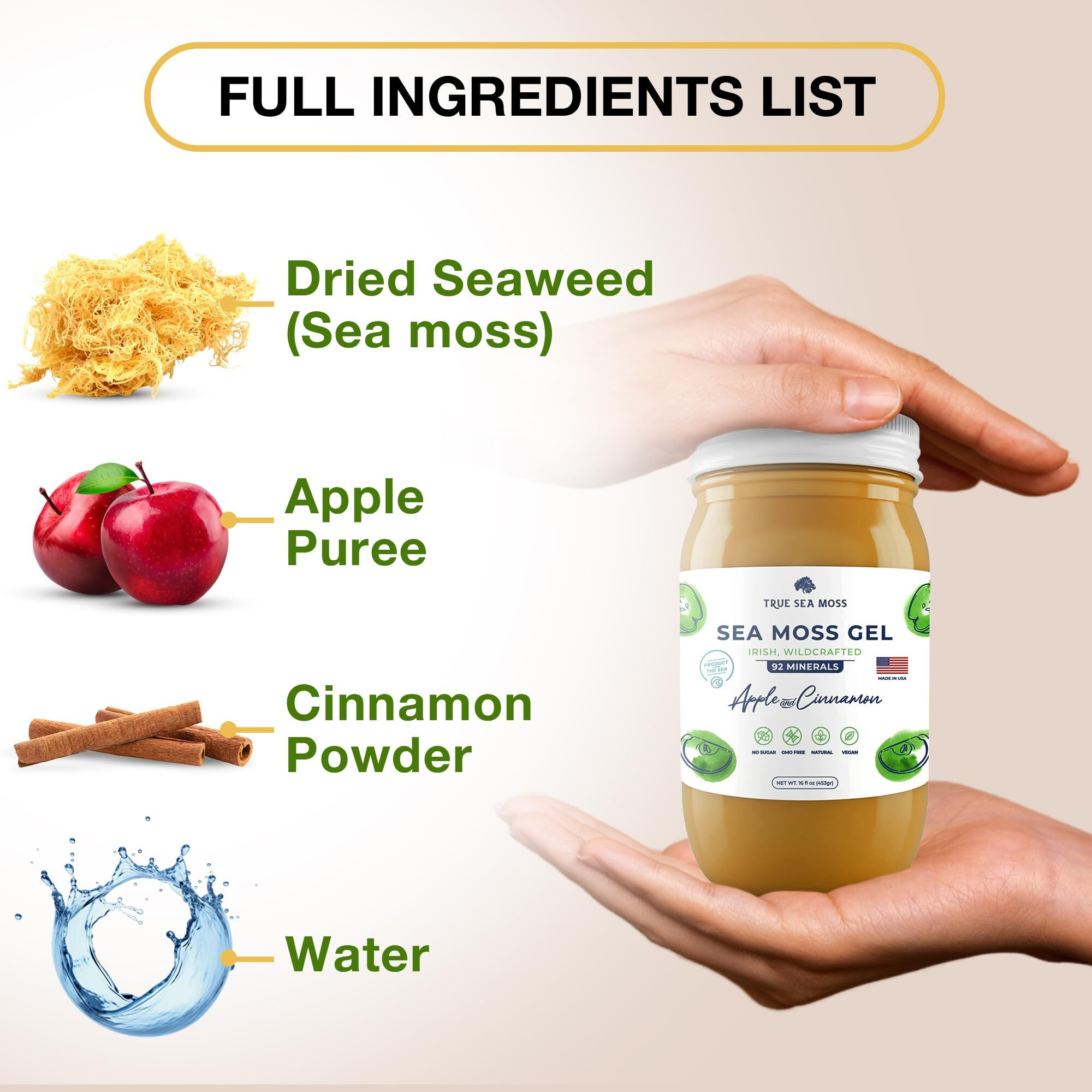 Trueseamoss Wildcrafted Irish Sea Moss Gel - Made With Dried Seaweed & Fresh Sea Vegetables, Seamoss - Made In Usa (Apple/Cinnamon, Pack Of 2)