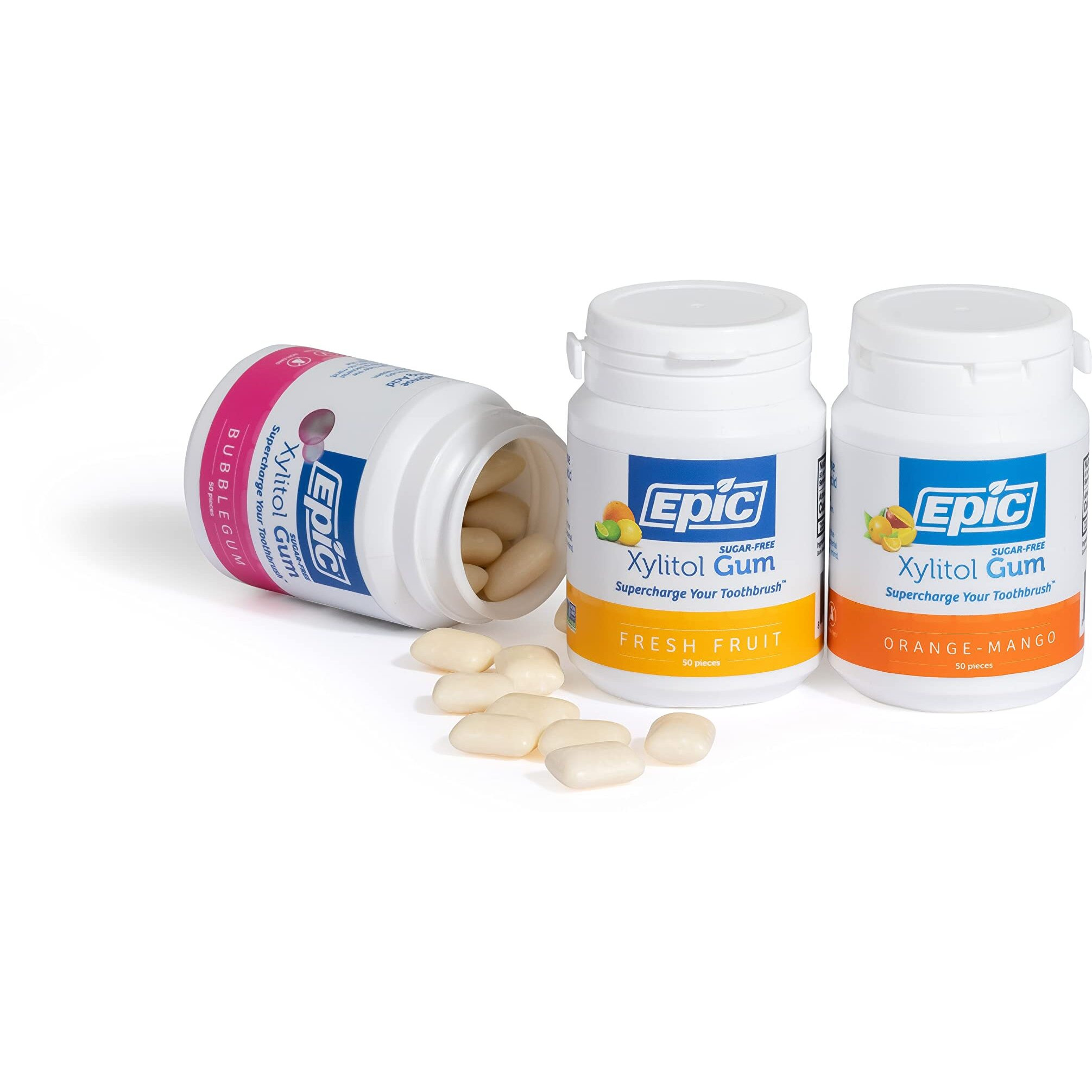 Epic Xylitol Chewing Gum - Sugar Free & Aspartame Free Chewing Gum Sweetened W/Xylitol For Dry Mouth & Gum Health (Assorted, 50-Piece Bottle, 3 Bottles)