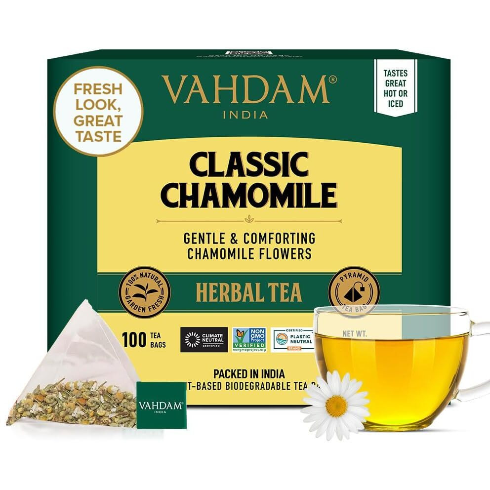 Vahdam, Chamomile Herbal Tea (100 Pyramid Tea Bags) Resealable Ziplock Pouch | Caffeine Free, Non Gmo, Gluten Free | 100% Pure Tisane - Sweet & Floral | Made With Natural Chamomile Flowers