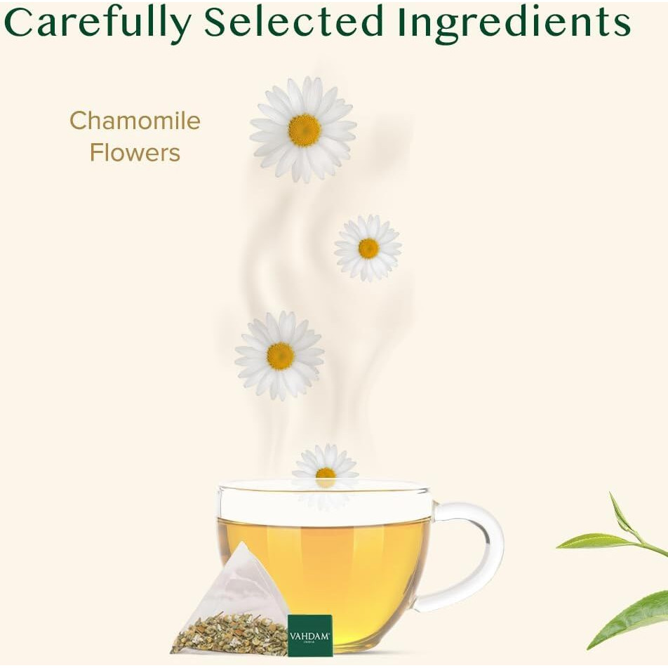 Vahdam, Chamomile Herbal Tea (100 Pyramid Tea Bags) Resealable Ziplock Pouch | Caffeine Free, Non Gmo, Gluten Free | 100% Pure Tisane - Sweet & Floral | Made With Natural Chamomile Flowers