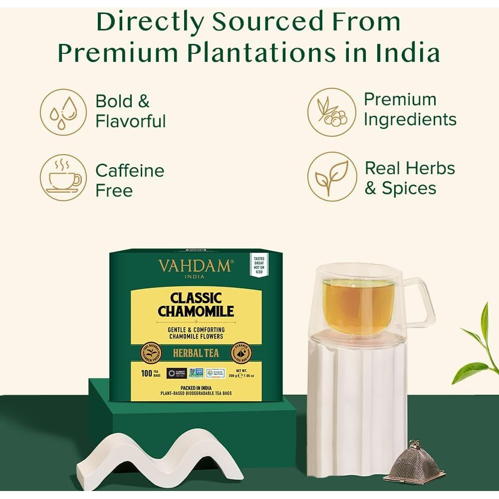 Vahdam, Chamomile Herbal Tea (100 Pyramid Tea Bags) Resealable Ziplock Pouch | Caffeine Free, Non Gmo, Gluten Free | 100% Pure Tisane - Sweet & Floral | Made With Natural Chamomile Flowers