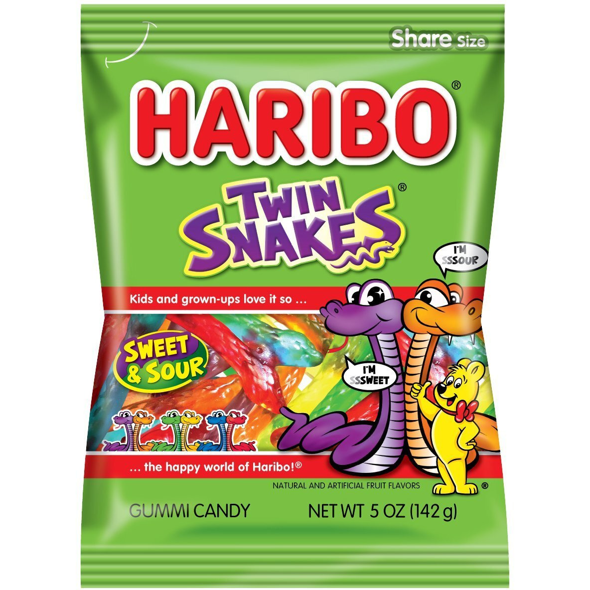 Haribo Gummi Candy, Twin Snakes Sweet & Sour Gummy Candy, 5 Ounce Share Size Bags (Pack Of 12) Delicious Soft & Chewy Snacks, Assorted Fruity Flavors