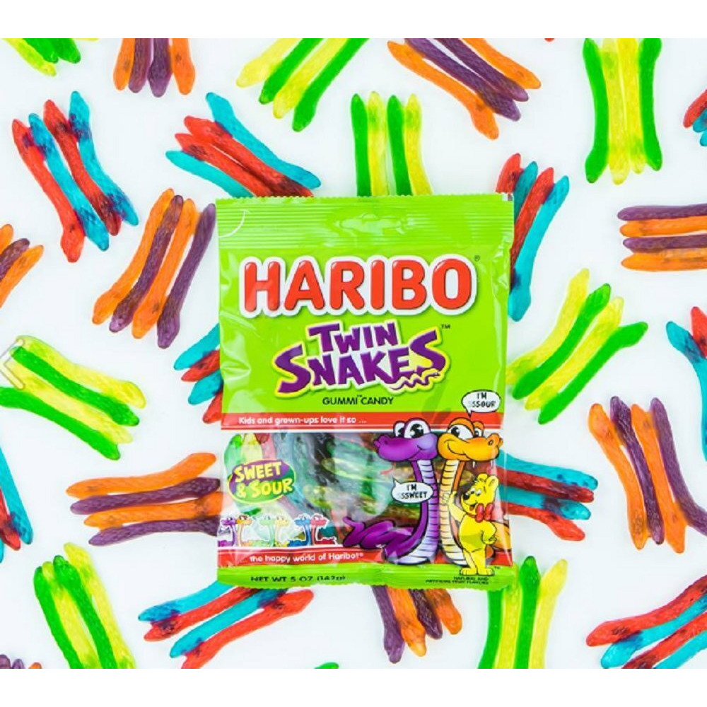 Haribo Gummi Candy, Twin Snakes Sweet & Sour Gummy Candy, 5 Ounce Share Size Bags (Pack Of 12) Delicious Soft & Chewy Snacks, Assorted Fruity Flavors