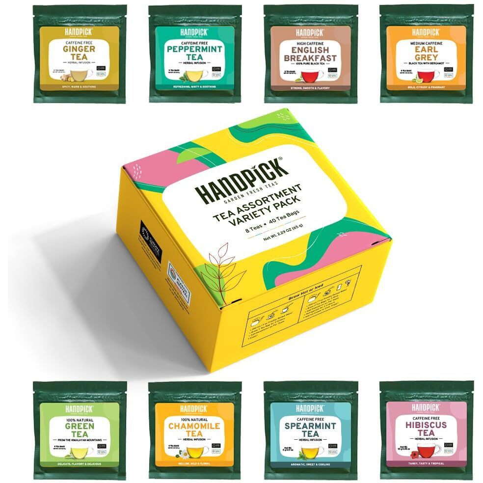 Handpick, Tea Bags Sampler Assortment Variety Pack Gift Box 8 Flavors, 40 Tea Bags - Perfect Variety | English Breakfast, Green, Black, Herbal & More