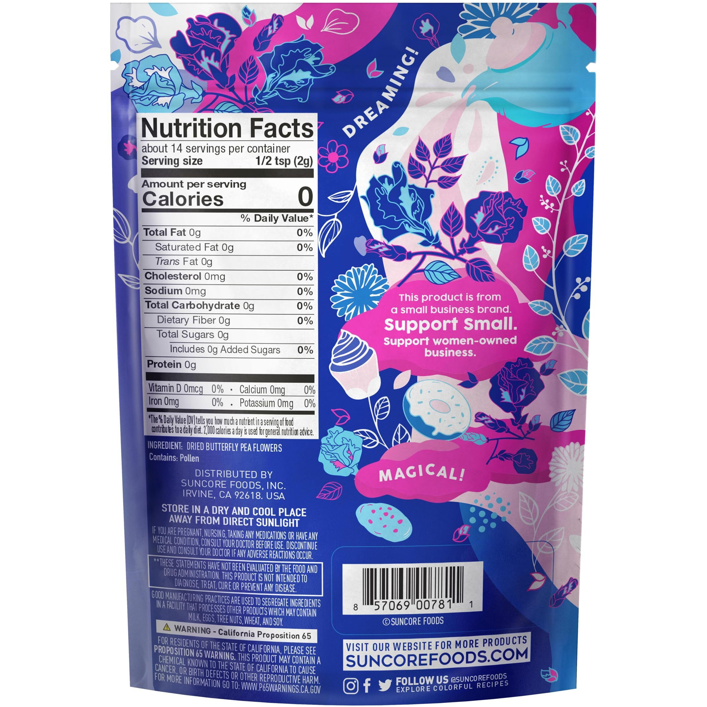 Suncore Foods Dried Butterfly Pea Flowers Bloom, Caffeine-Free Tea, Gluten-Free, Non-Gmo, 1Oz (1 Pack)