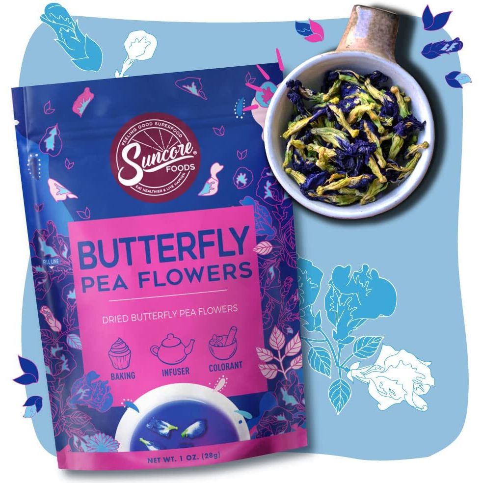 Suncore Foods Dried Butterfly Pea Flowers Bloom, Caffeine-Free Tea, Gluten-Free, Non-Gmo, 1Oz (1 Pack)