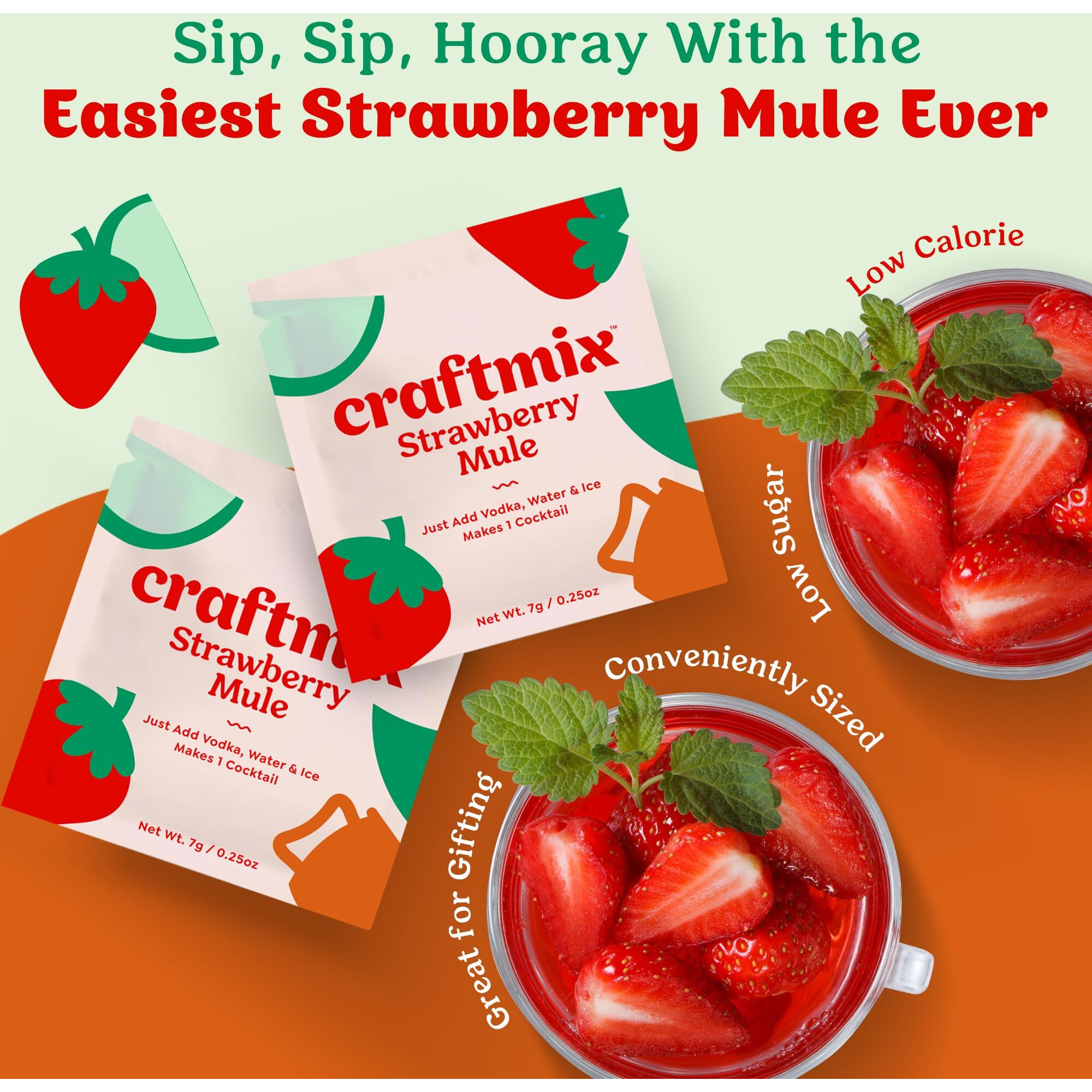 Craftmix Strawberry Mule, Makes 24 Drinks, Skinny Cocktail Mixers Moscow Mule - Mocktail Drink Mixers - Made With Real Fruit - Vegan Low-Carb, Low-Sugar, Non-Gmo, Dairy Free, Gluten Free, Easy To Mix