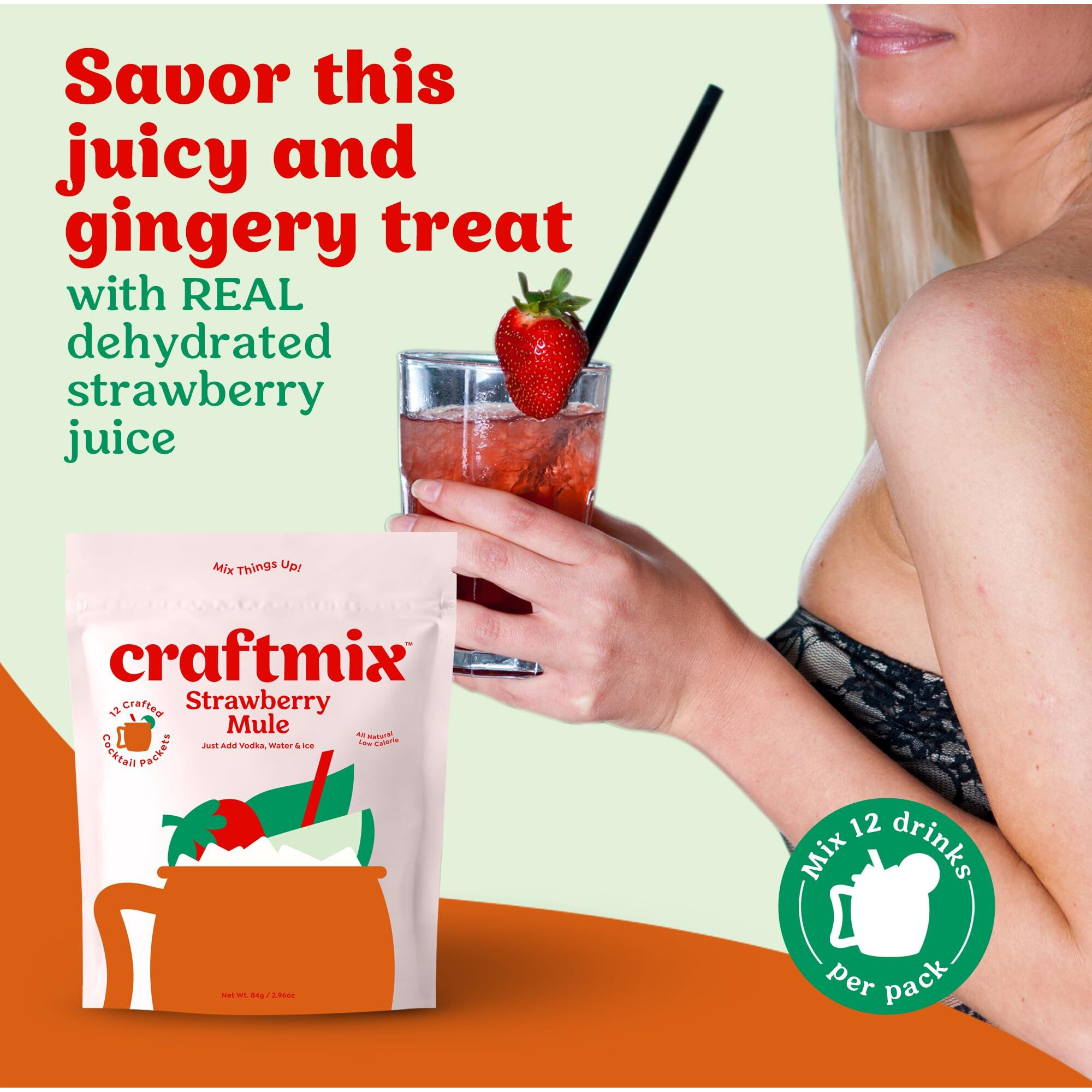 Craftmix Strawberry Mule, Makes 24 Drinks, Skinny Cocktail Mixers Moscow Mule - Mocktail Drink Mixers - Made With Real Fruit - Vegan Low-Carb, Low-Sugar, Non-Gmo, Dairy Free, Gluten Free, Easy To Mix