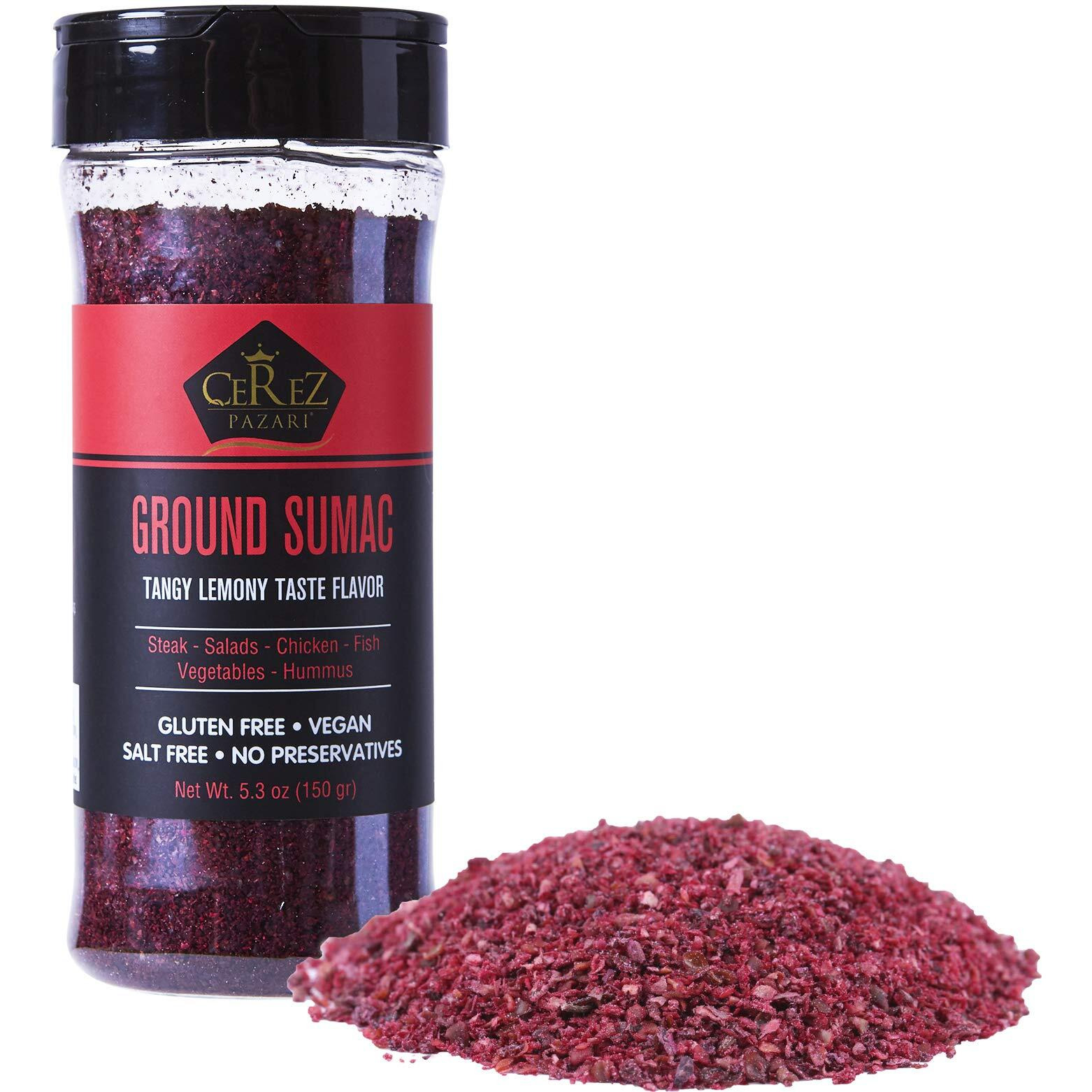 Cerez Pazari - Sumac Spice Powder - Turkish Sumac Seasoning - 5.2Oz Easy To Use Flapper Spice Cap- Tangy Lemony Taste Flavor- Gluten Free, Middle Eastern And Mediterranean Spices