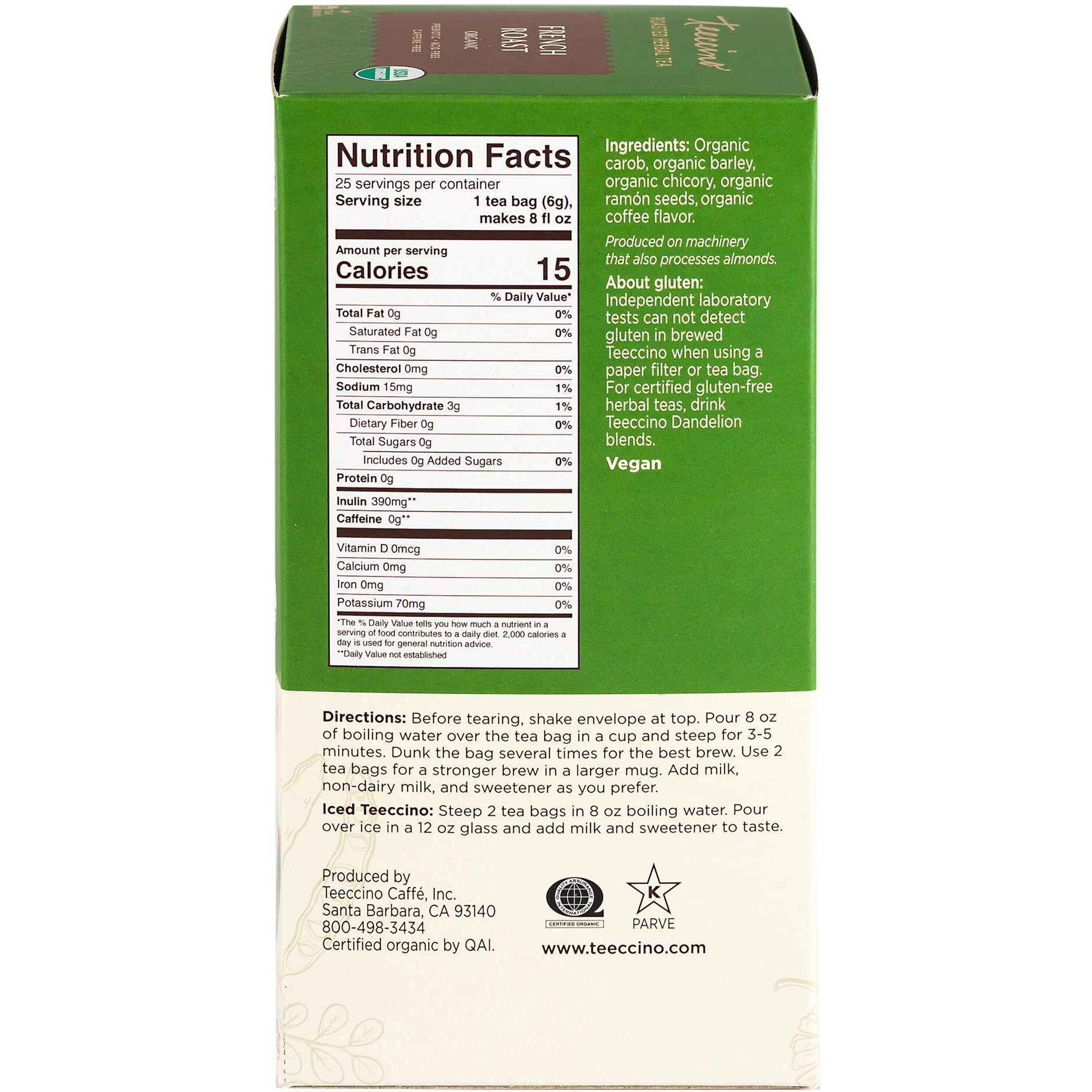 Teeccino French Roast Herbal Tea - Rich & Roasted Herbal Tea Thats Caffeine Free & Prebiotic For Natural Energy, Coffee Alternative, 25 Tea Bags (Pack Of 3)