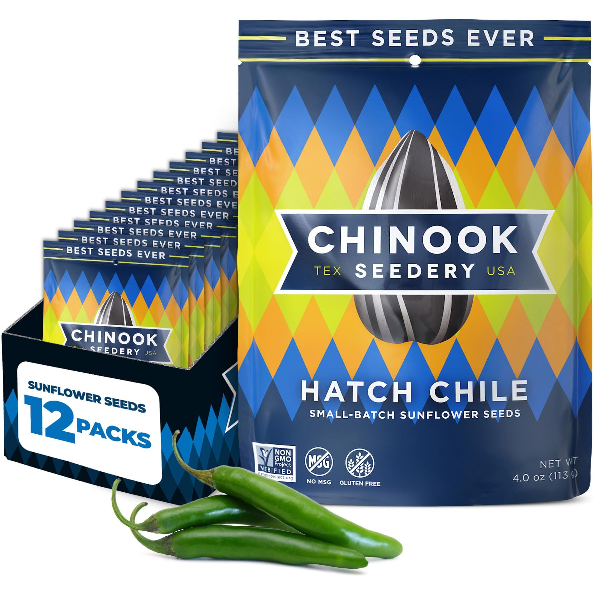 Chinook Seedery Roasted Jumbo Sunflower Seeds - Keto Snacks, Gluten-Free, Non-Gmo, Hatch Chile Flavor 4 Oz (12-Pack)