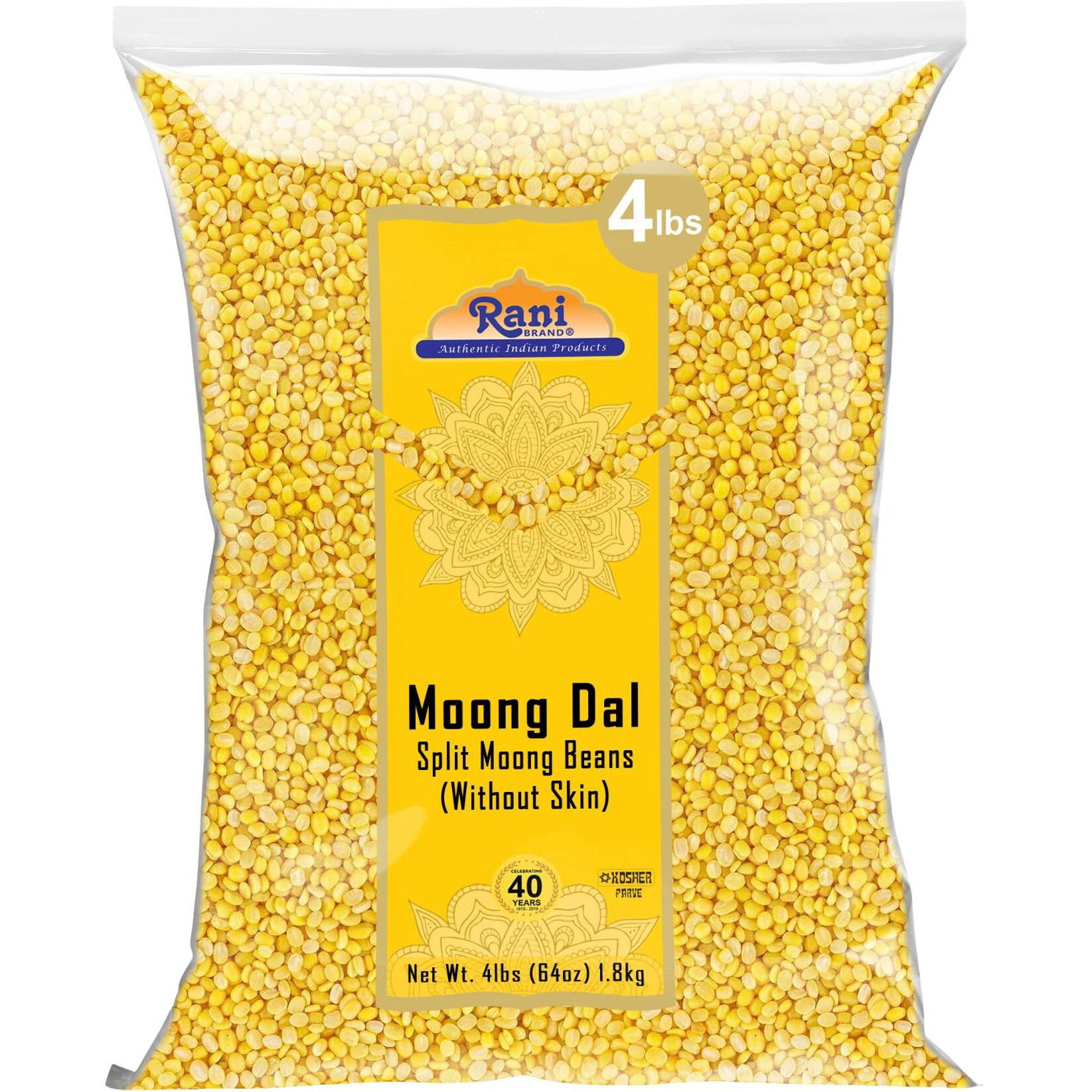 Rani Moong Dal (Split Mung Beans Without Skin) Lentils Indian 64Oz (4Lbs) 1.81Kg Bulk ~ All Natural | Gluten Friendly | Non-Gmo | Kosher | Vegan | Indian Origin