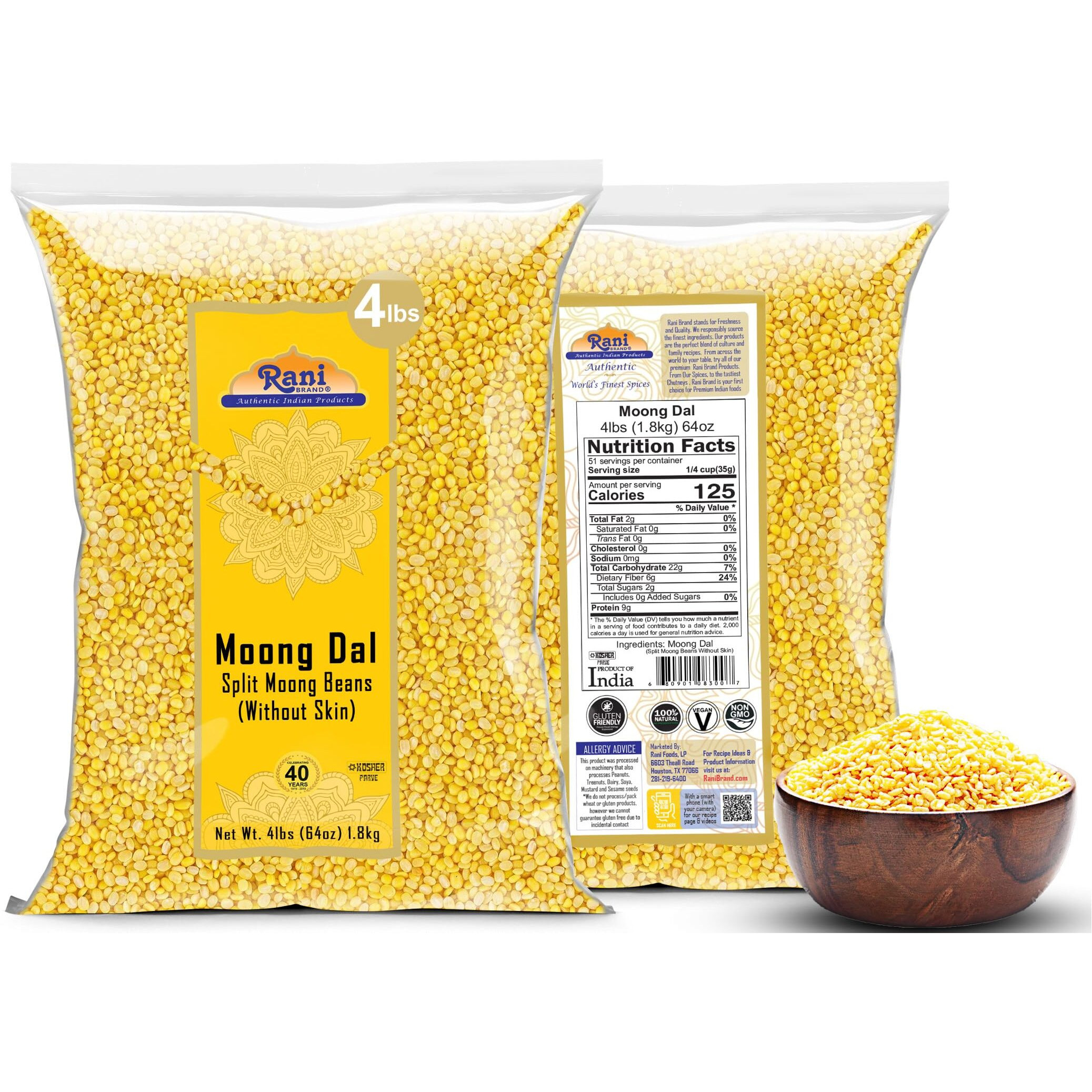 Rani Moong Dal (Split Mung Beans Without Skin) Lentils Indian 64Oz (4Lbs) 1.81Kg Bulk ~ All Natural | Gluten Friendly | Non-Gmo | Kosher | Vegan | Indian Origin