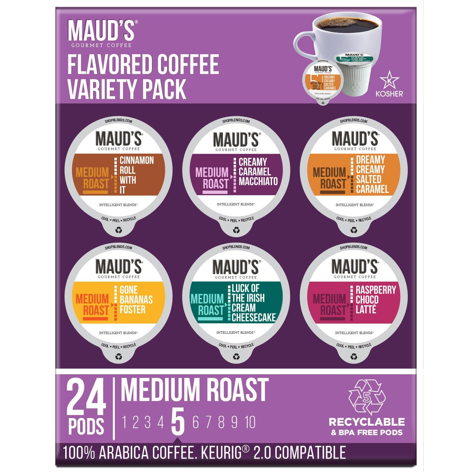 Maud's Coffee Sampler Flavored Coffee Pods Variety Pack, 24 Ct | 6 Assorted Coffee Flavors | 100% Arabica Roasted Coffee | Solar Energy Produced Recyclable Pods Compatible With Keurig K Cups Maker
