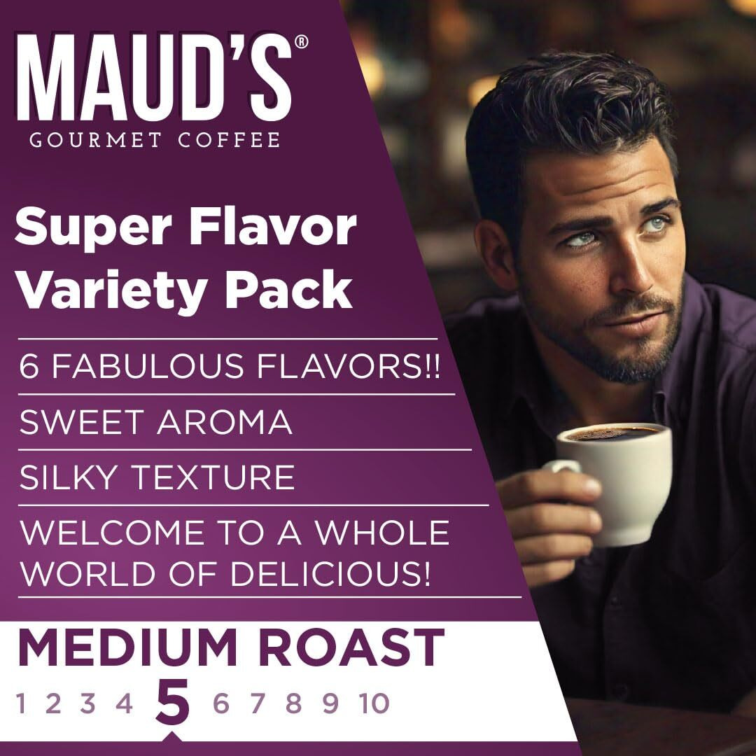 Maud's Coffee Sampler Flavored Coffee Pods Variety Pack, 24 Ct | 6 Assorted Coffee Flavors | 100% Arabica Roasted Coffee | Solar Energy Produced Recyclable Pods Compatible With Keurig K Cups Maker