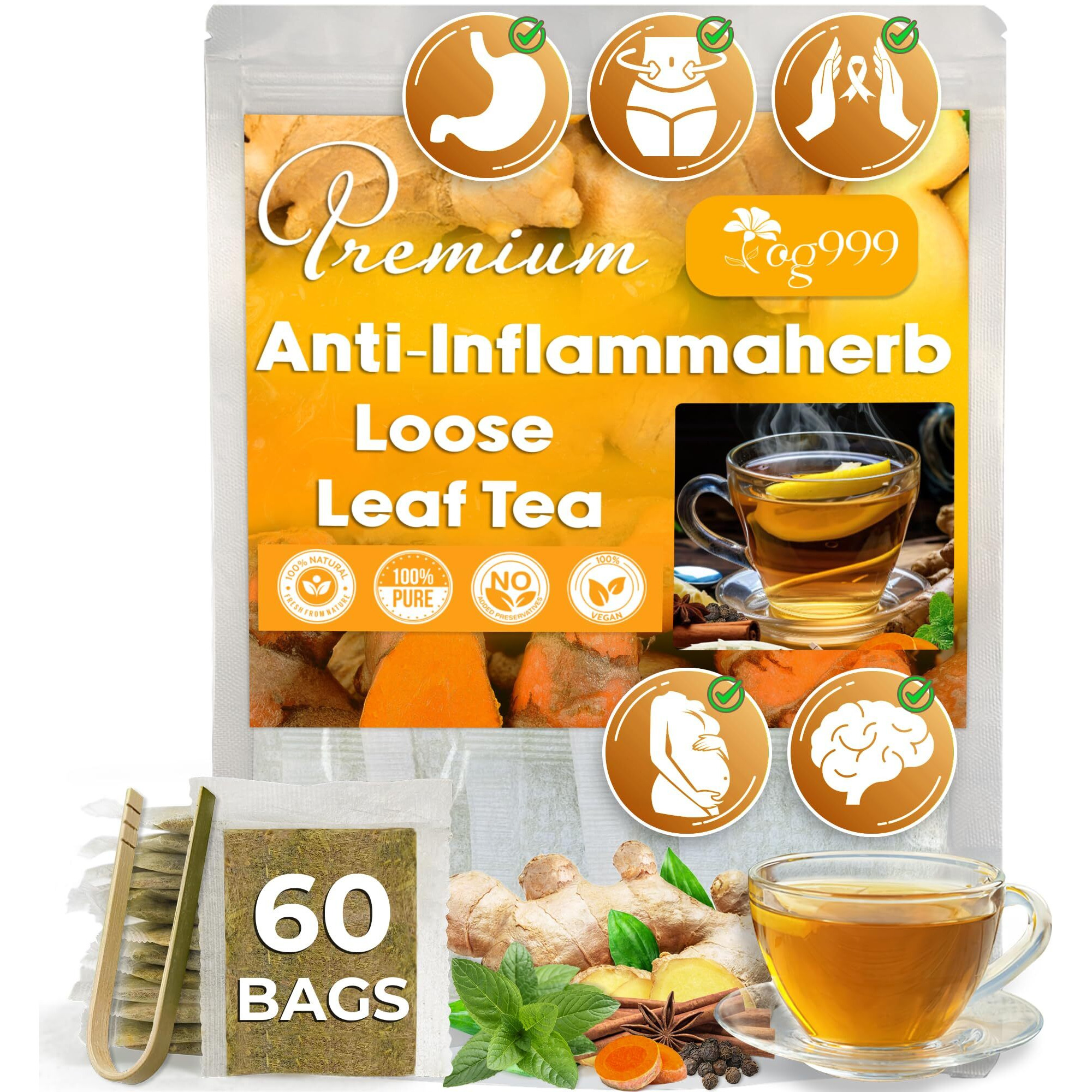 60 Tea Bags - Anti-Inflammaheb Loose Leaf Tea, 100% Natural From Ginger, Turmeric, Peppermint, Black Pepper, Cinnamon. Made With Natural Material Tea Bags. No Sugar, No Caffeine, No Gluten, Vegan. (60 Tea Bags)