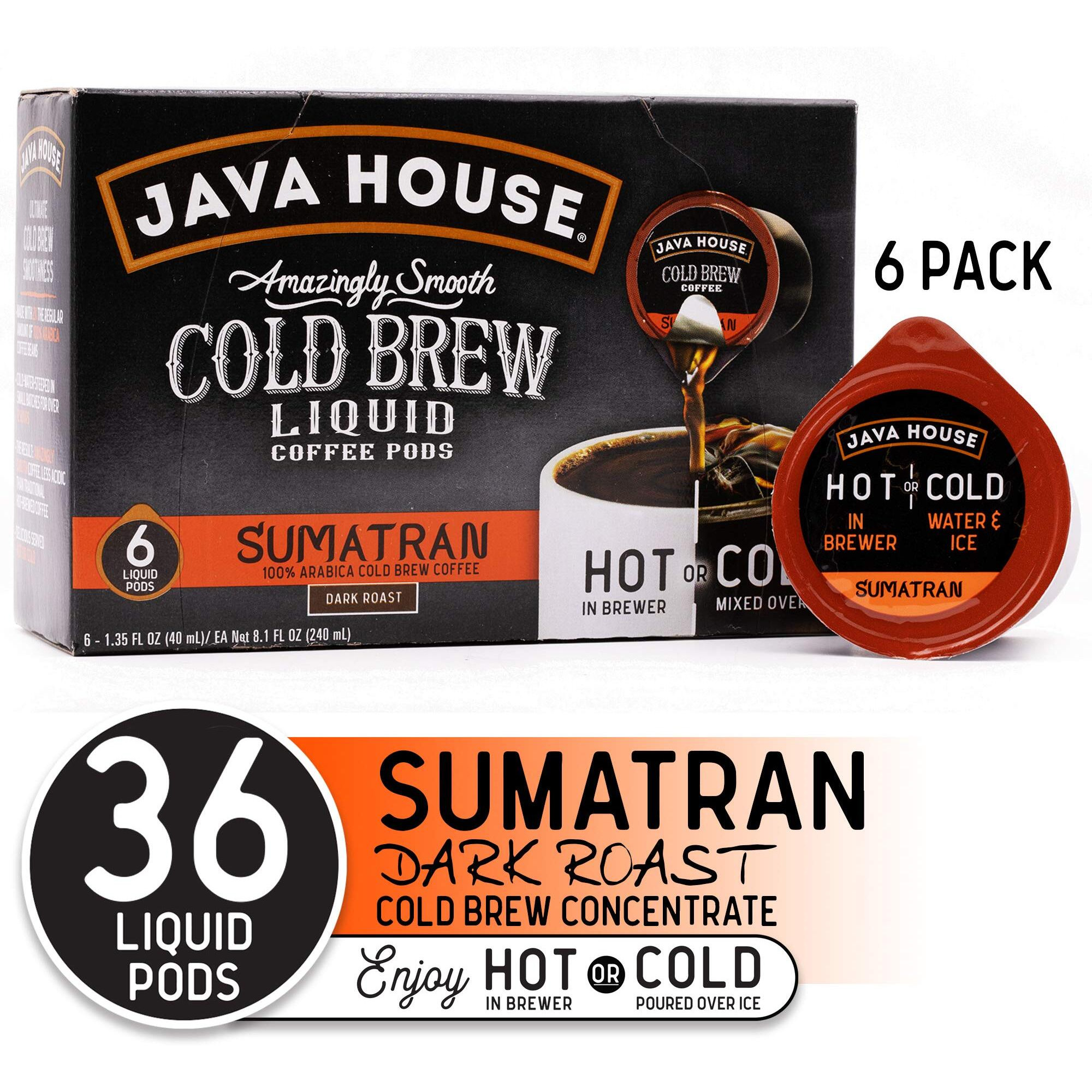 Java House Cold Brew Coffee, Dark Roast Coffee Concentrate Liquid Pods - 1.35 Fluid Ounces (6 Count Liquid Pods Per Box) Enjoy Hot Or Iced (Sumatran, 6 Boxes X 6 Pods  36 Count)
