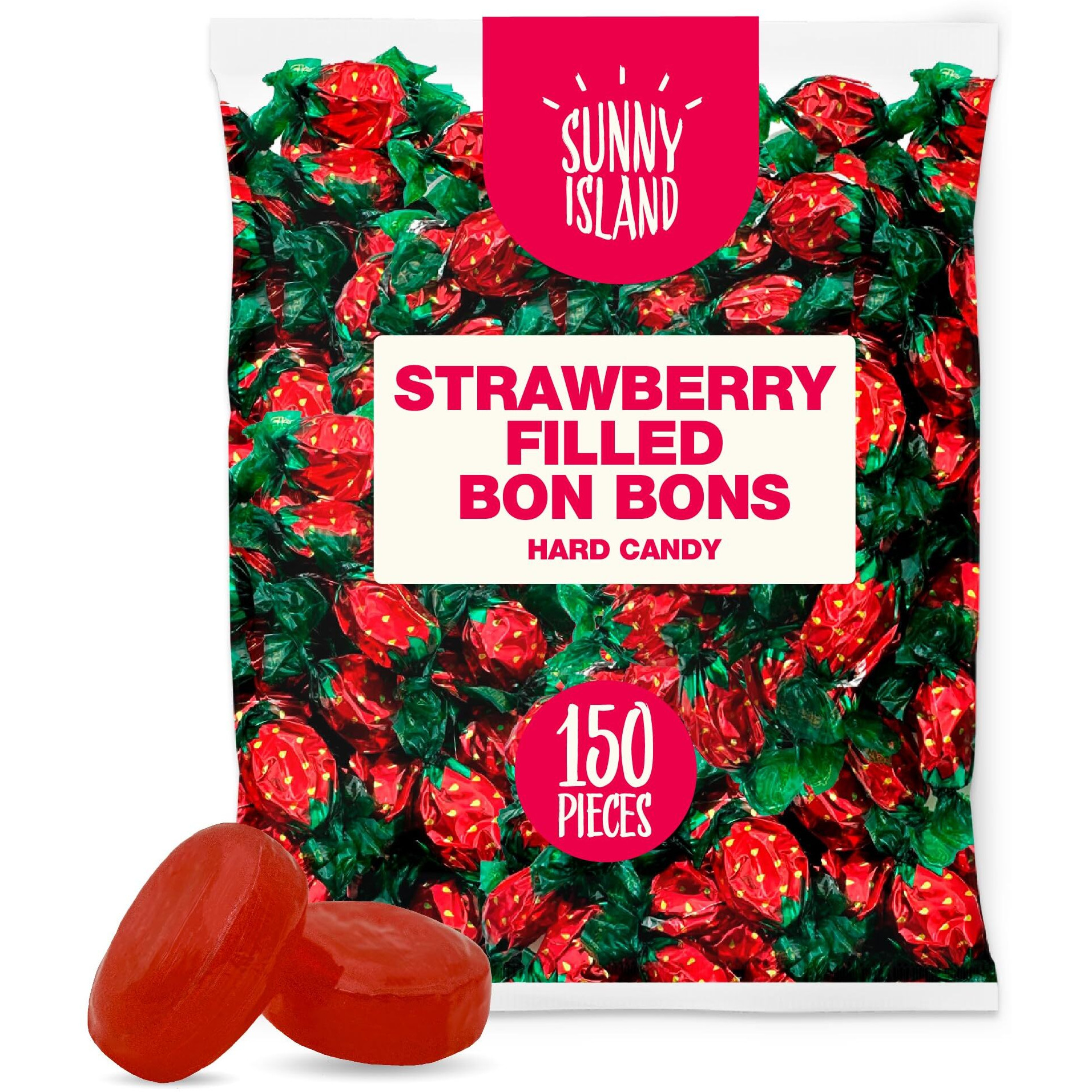 Strawberry Filled Bon Bons Hard Candy- Bulk 2 Pound Bag (About 150 Pieces) - Old-Fashioned Sweets