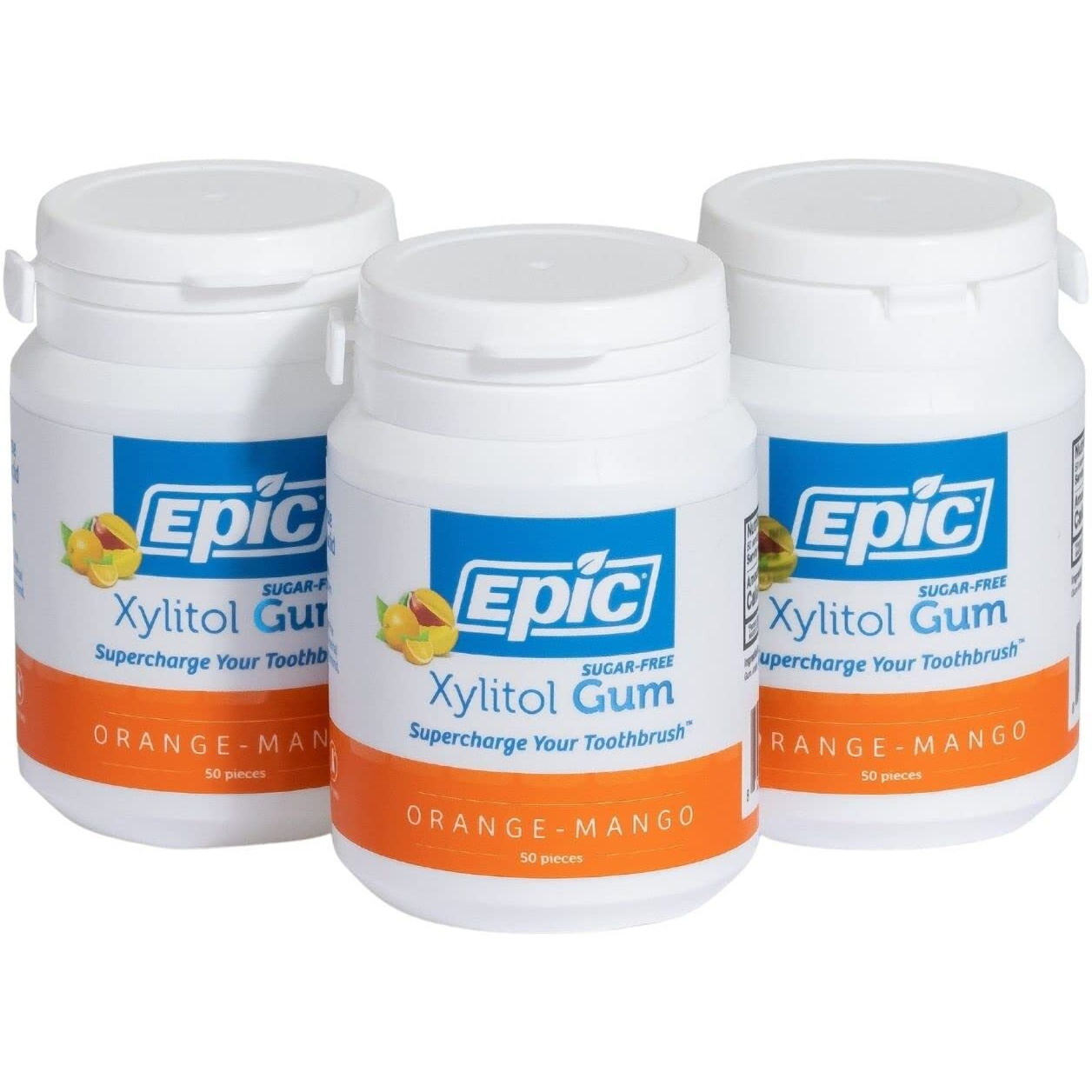 Epic Xylitol Chewing Gum - Sugar Free & Aspartame Free Chewing Gum Sweetened W/Xylitol For Dry Mouth & Gum Health (Orange-Mango, 50-Piece Bottle, 3 Bottles)