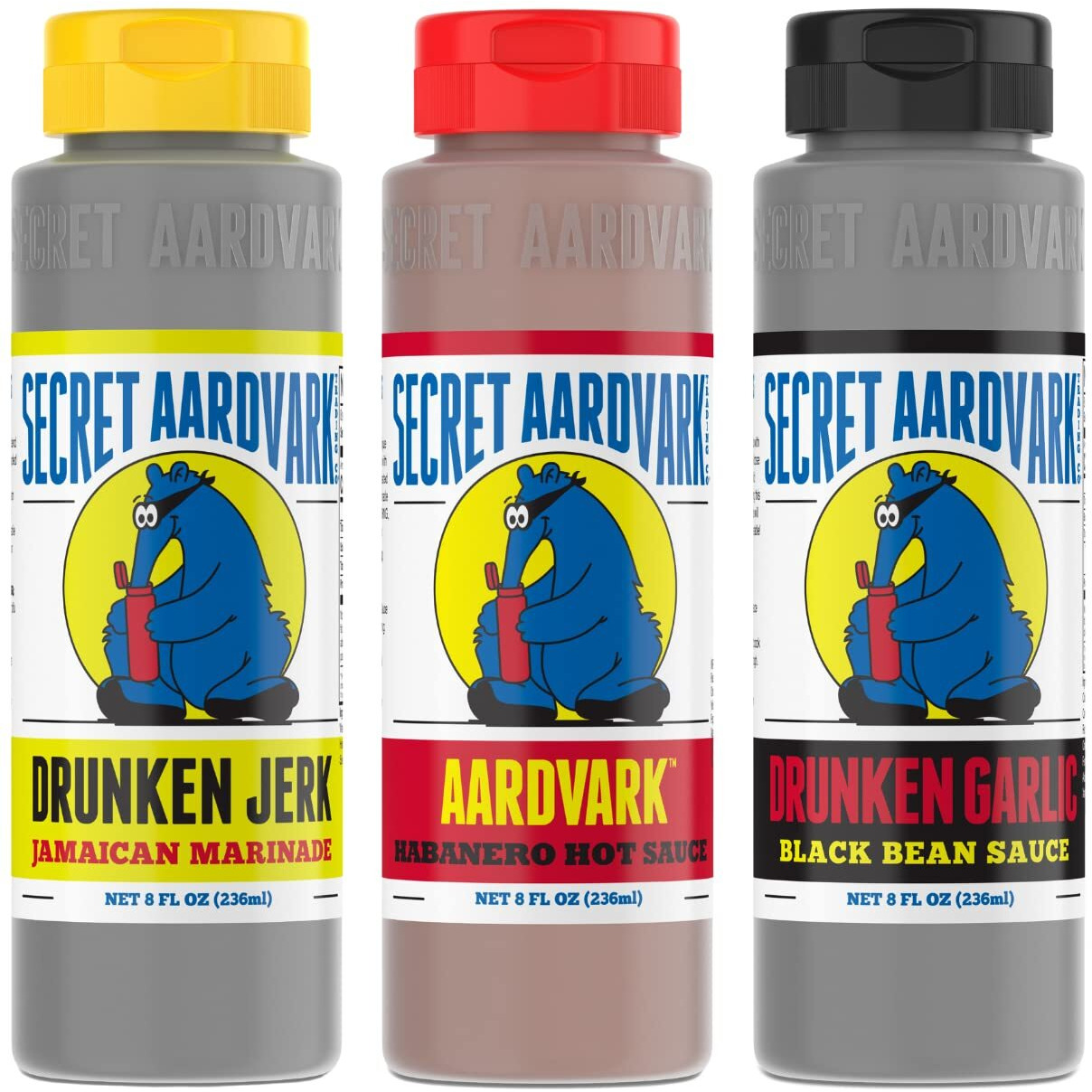 Secret Aardvark Hot Sauce Variety Pack - Drunken Jerk Sauce, Drunken Garlic, And Habanero Hot Sauce, Low Carb, Gluten-Free Hot Sauce & Marinade Gift Set - 8 Fl Oz 3 Pack