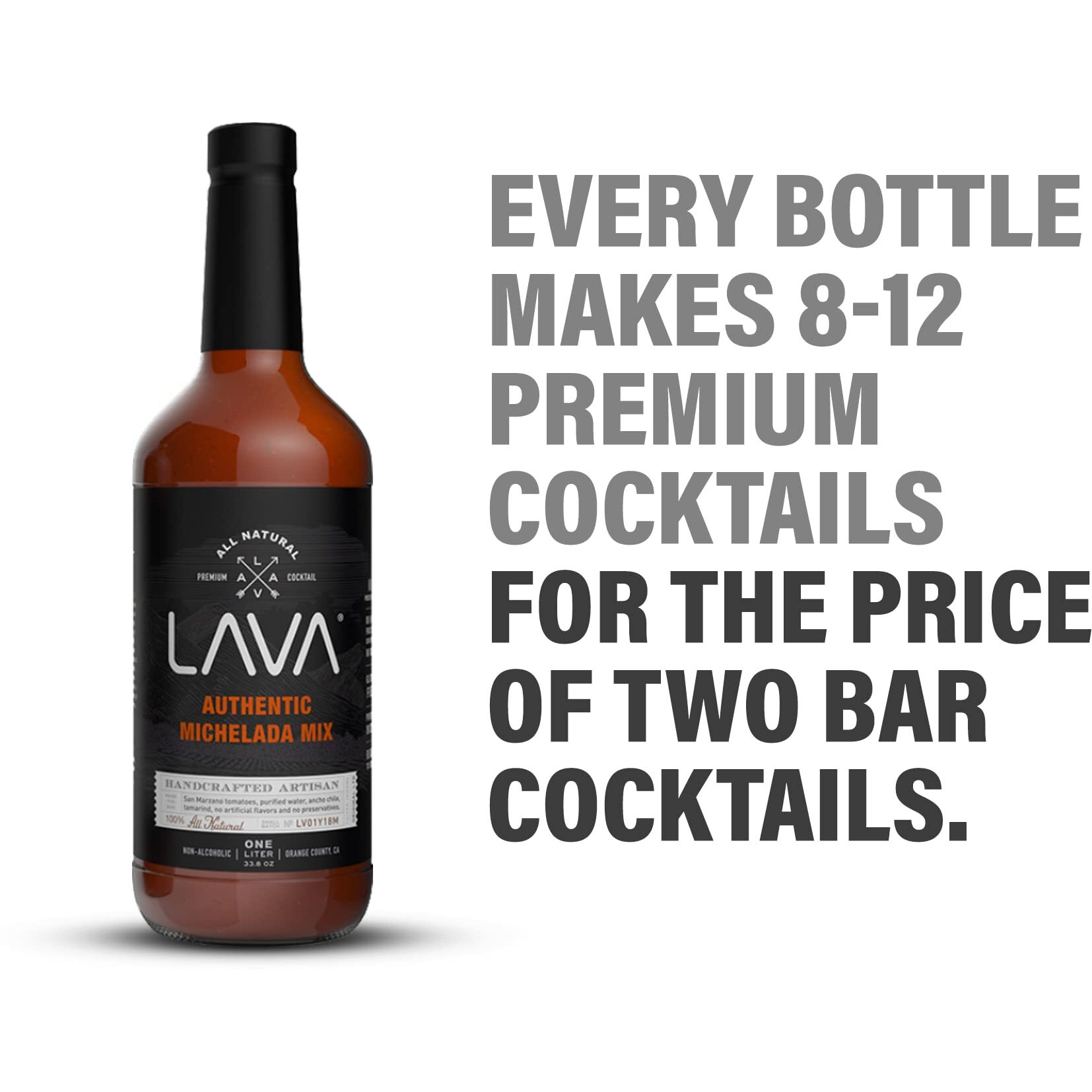 Lava All Natural Authentic Michelada Mix Craft Cocktail Mixer, Made With Real Tomatoes, Ancho Chile Peppers, Tamarind, No Junk Ingredients, Vegan, 1-Liter (33.8Oz) Glass Bottle, Ready To Use