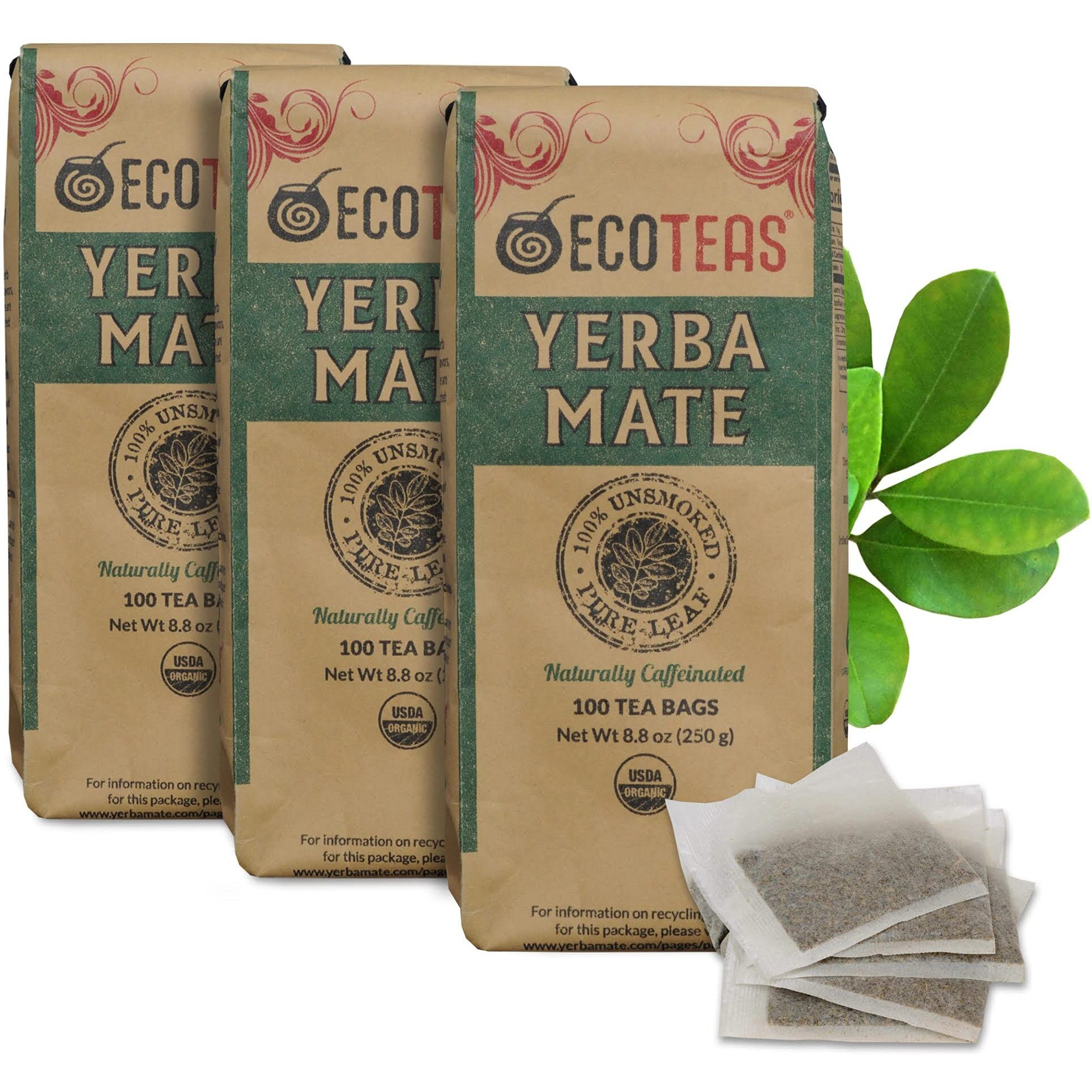Ecoteas - Unsmoked Yerba Mate Tea - Yerba Mate Tea Bags - Yerba Mate Tea - Detox Tea - Hi Caf Tea - Organic Tea - Organic Detox Tea - Yerba Mate Unsmoked - Yerba Mate - 100 Tea Bags, 8.8 Oz - 3 Pack